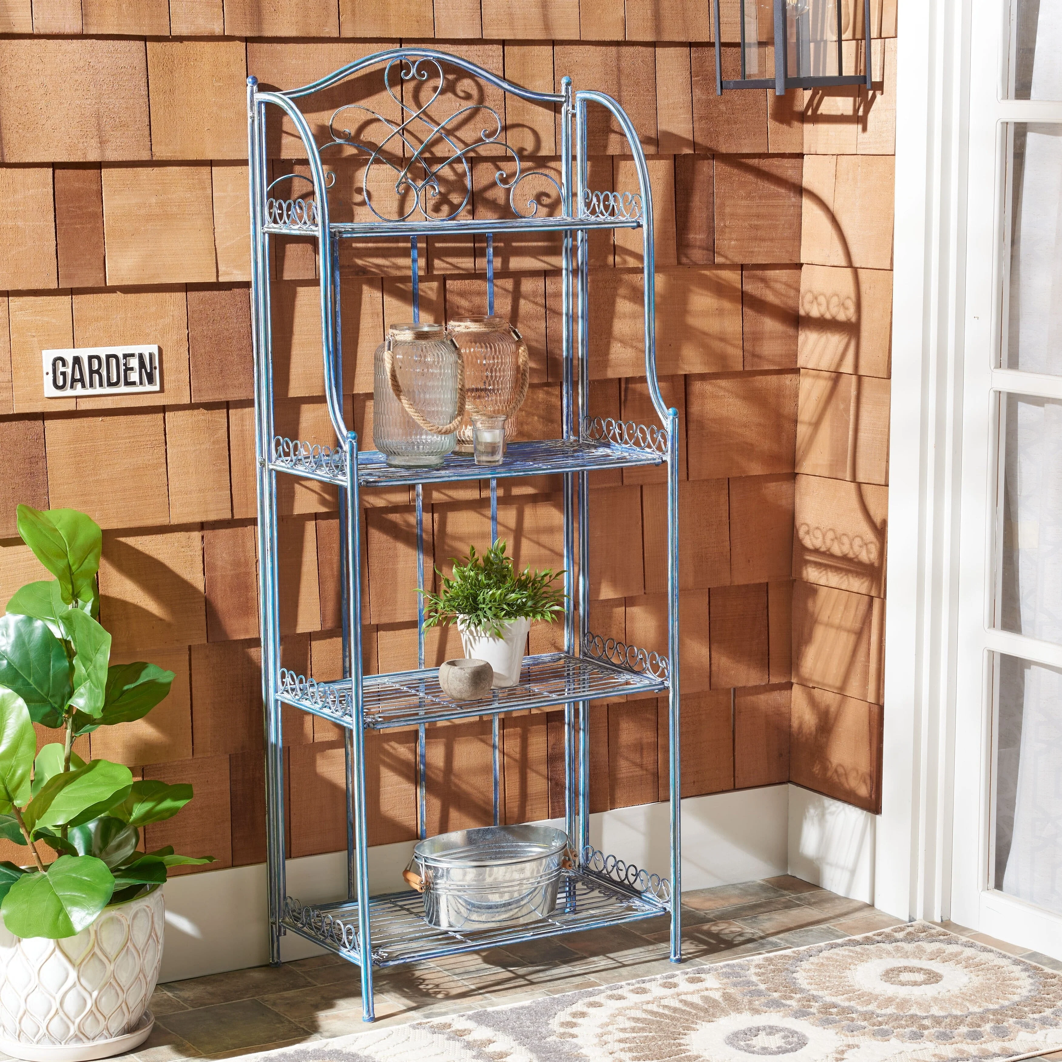 Safavieh Amaris Victorian Wrought Iron 4 - Tier Outdoor Bakers Rack. - 25 In. W x 15 In. D x 63 In. H Antique Blue