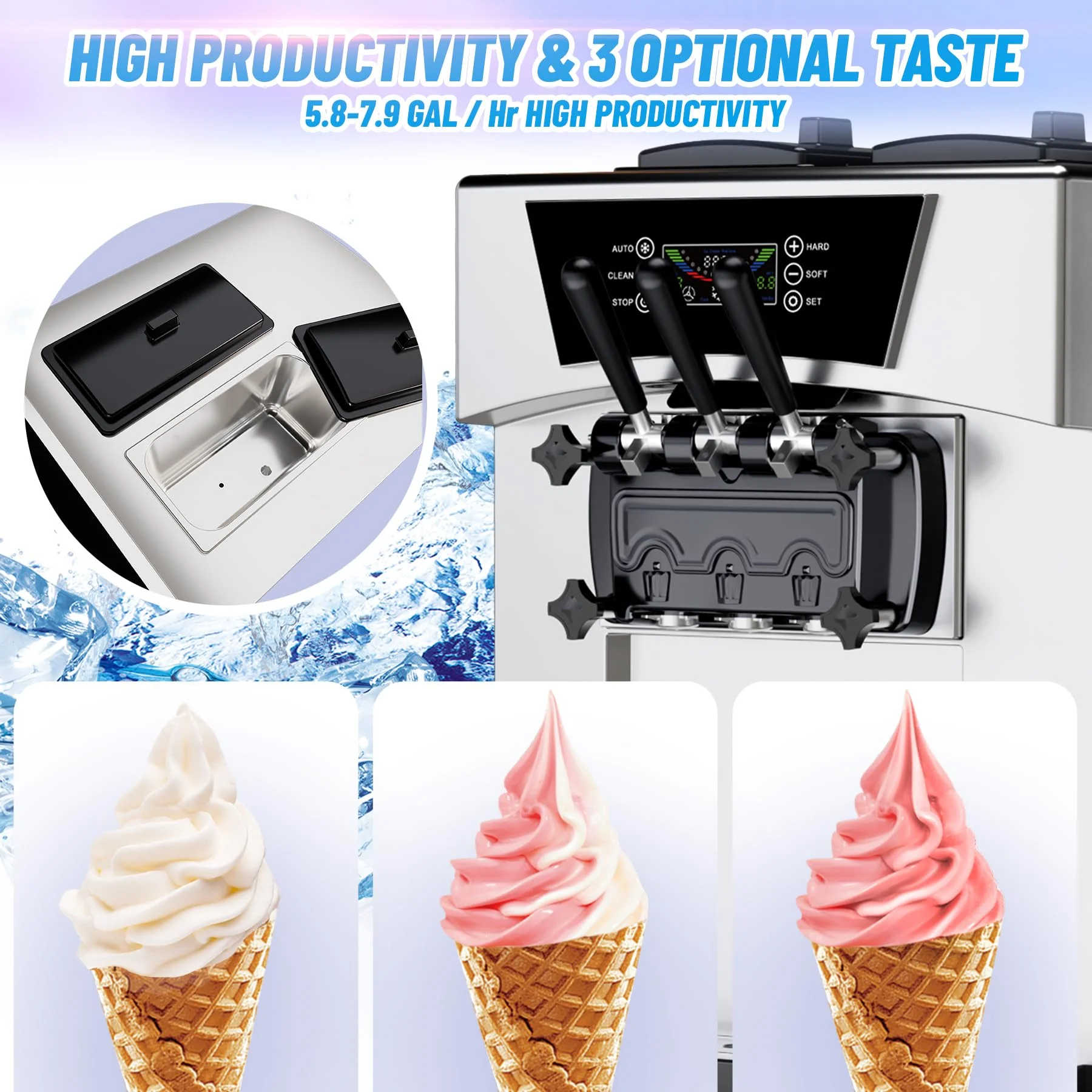 Tookss Commercial 3 Flavors Ice Cream Machine, 5.8 to 8gal per Hour Soft Serve Ice Cream Maker, with Auto Clean, LCD Display for Home Snack Bar Restaurants
