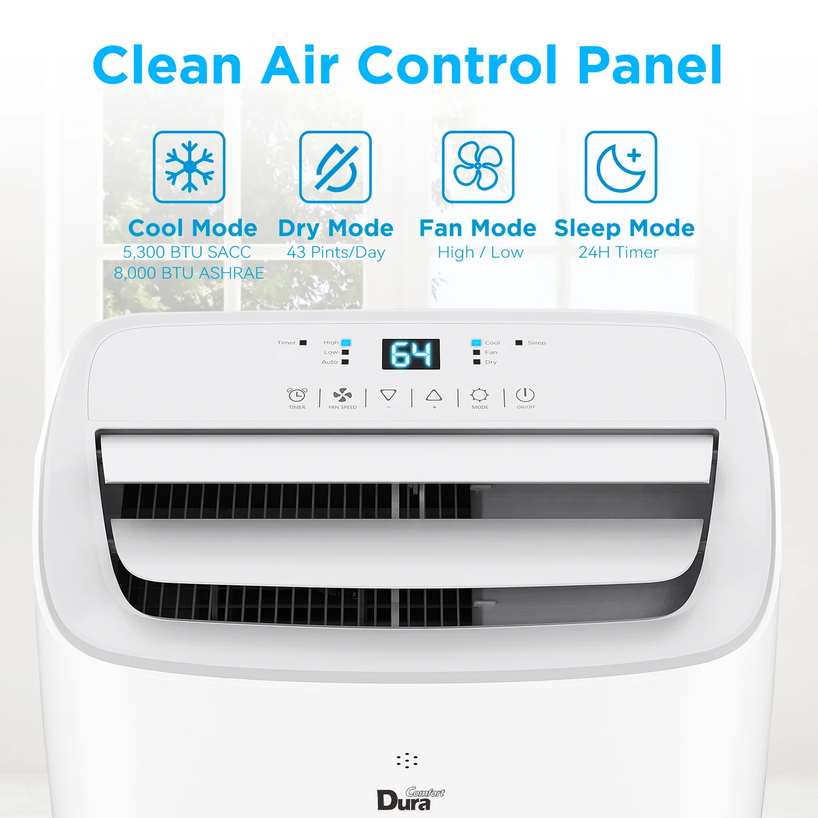 2025 DuraComfort 3-i-1 bærbar klimaanlæg – 8.000 BTU (ASHRAE) / 5.300 BTU (SACC) – Stille – Til rum op til 18,5 m²