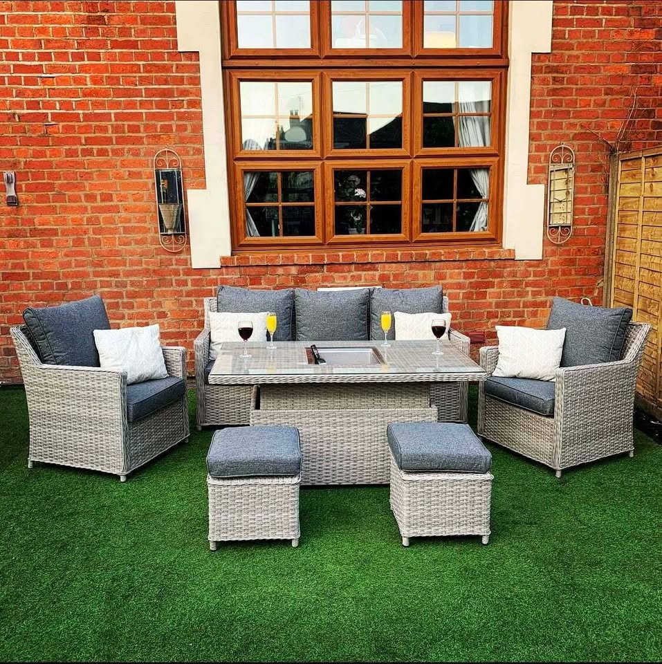 Garden sofa and dining set with lift-top table - Grey rattan