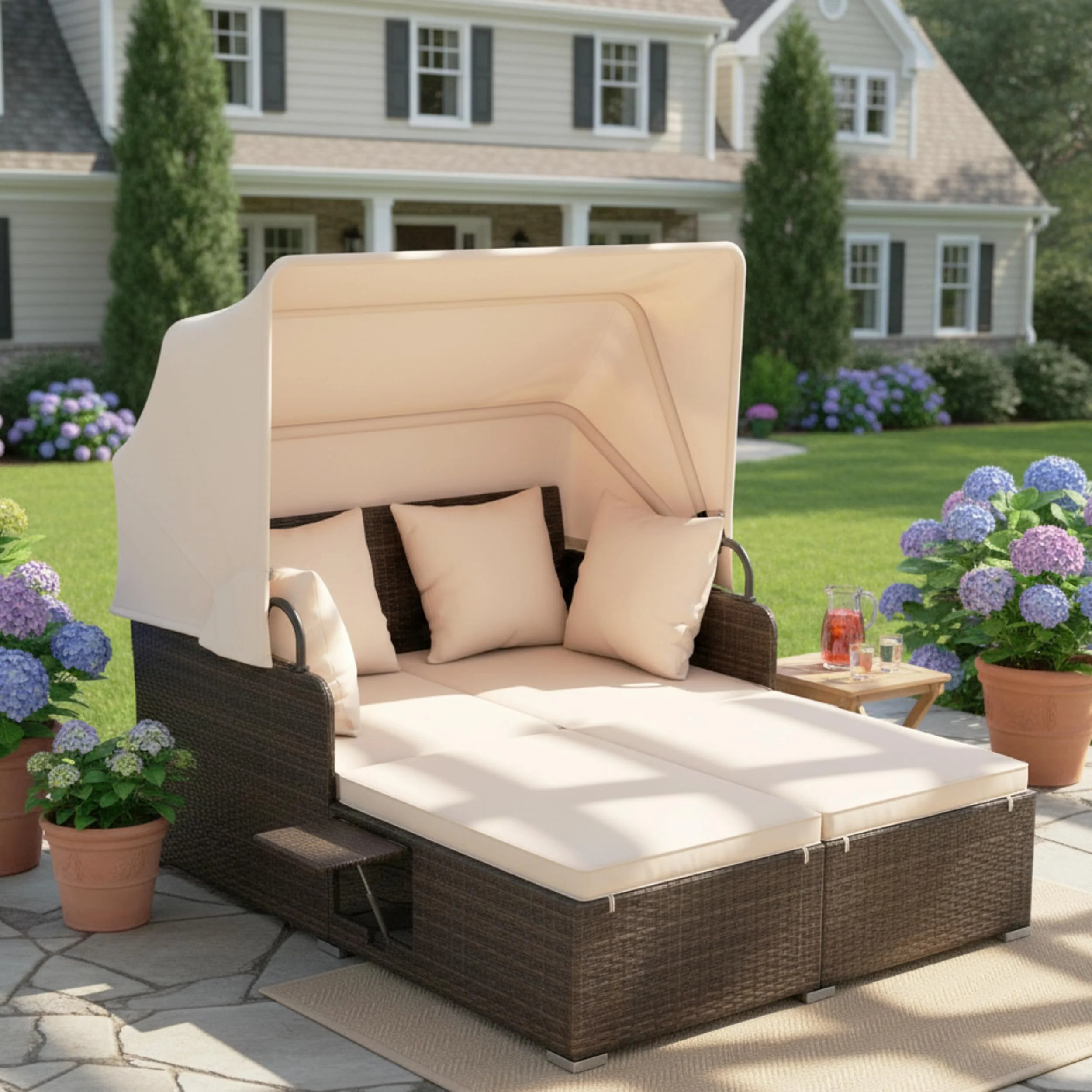 Tangkula Patio Rattan Daybed with Retractable Canopy