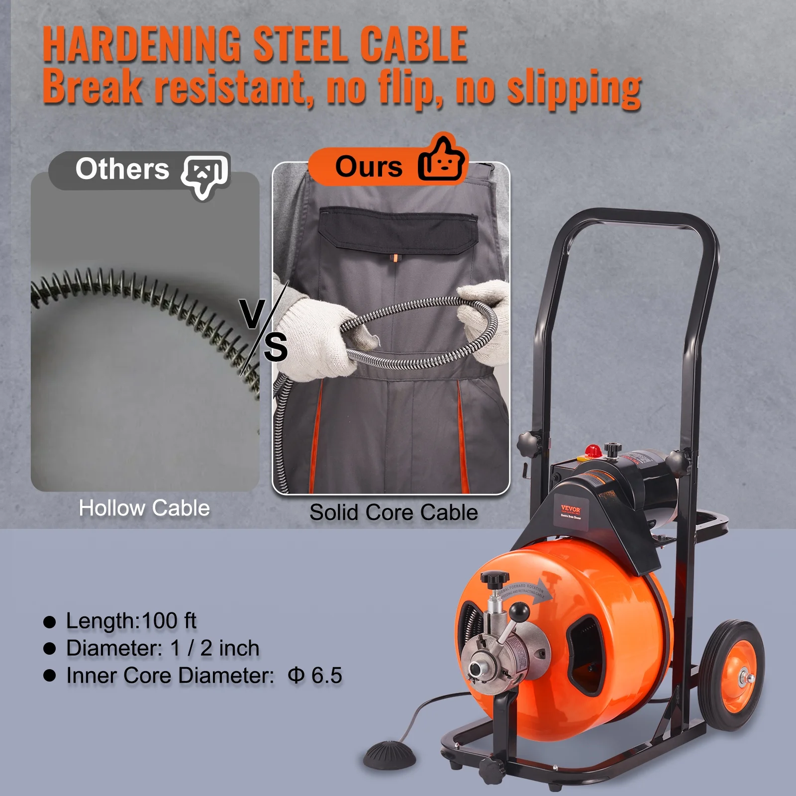 VEVOR Drain Cleaner Machine 100 FT x 1/2 in, Sewer Auger Auto Feed with 4 Cutter & Air - Activated Foot Switch for 1" to 4" Pipes, Orange, Black