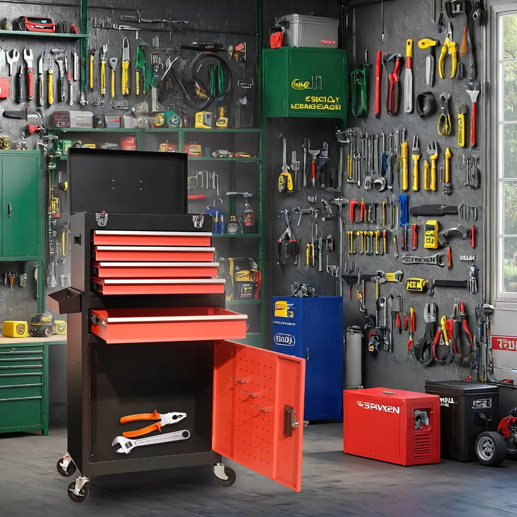 Tool Chest, 5 - Drawer Rolling Tool Storage Cabinet with Detachable Top Tool Box, Universal Lockable Wheels