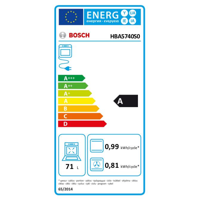 Four multifonction Bosch HBA5740S0, 3,6 kW, 71 L, ouverture rabattable, 7 fonctions de cuisson, efficacité A - Acier inoxydable