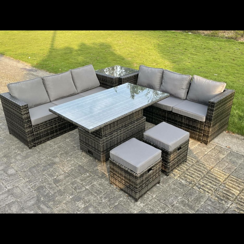 Wicker rattan garden furniture, raised table, footstool, dark grey mix
