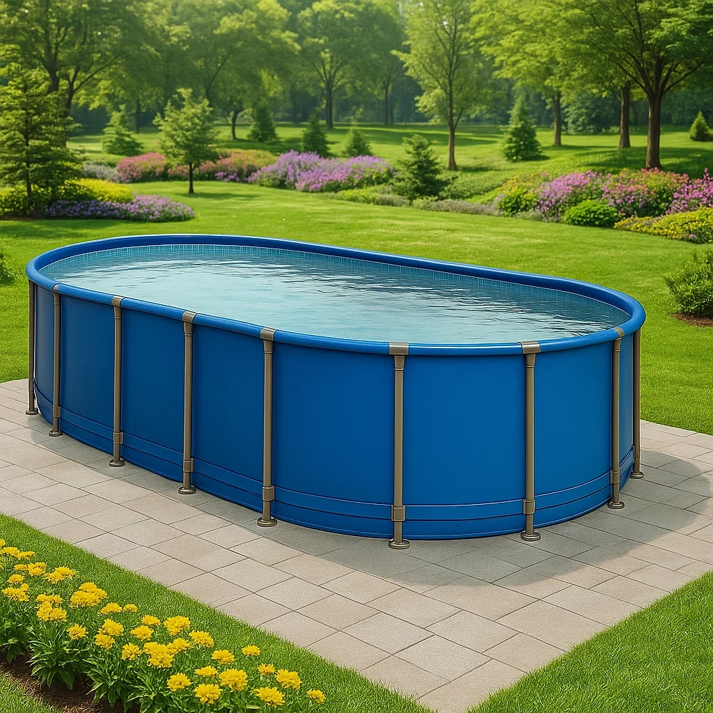 Piscine ovale tubulaire en acier démontable 472 x 286 x 104 cm bleu/beige eOwqBah159uf