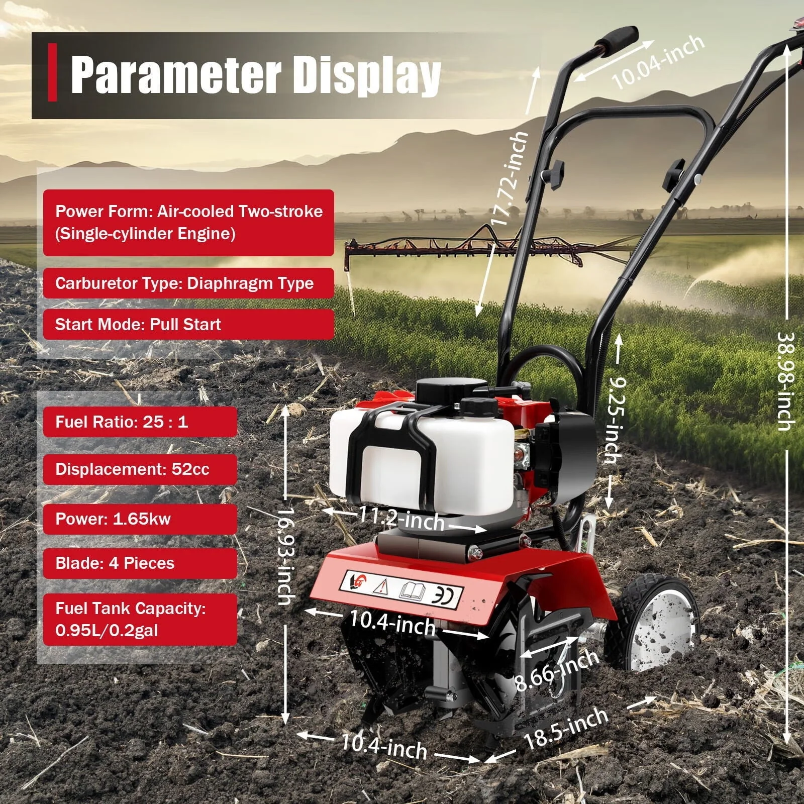 Wuzstar 52CC 2 Stroke Gasoline Engine Rototiller Mini Garden Single - Cylinder Tiller Cultivator