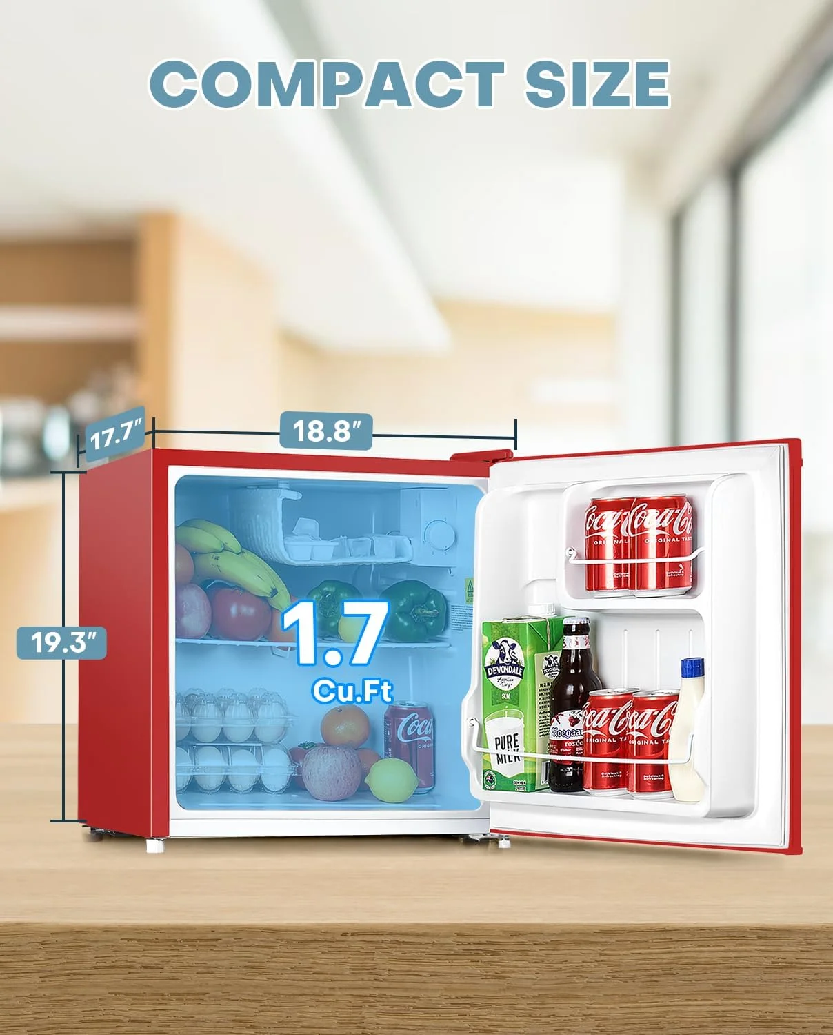 Upstreman 1.7 Cu.ft Mini Fridge with Freezer, Dorm Essentials, Adjustable Thermostat, Energy Saving, Low Noise, Single Door Compact Refrigerator for Dorm, Office, Bedroom, Red - FR17