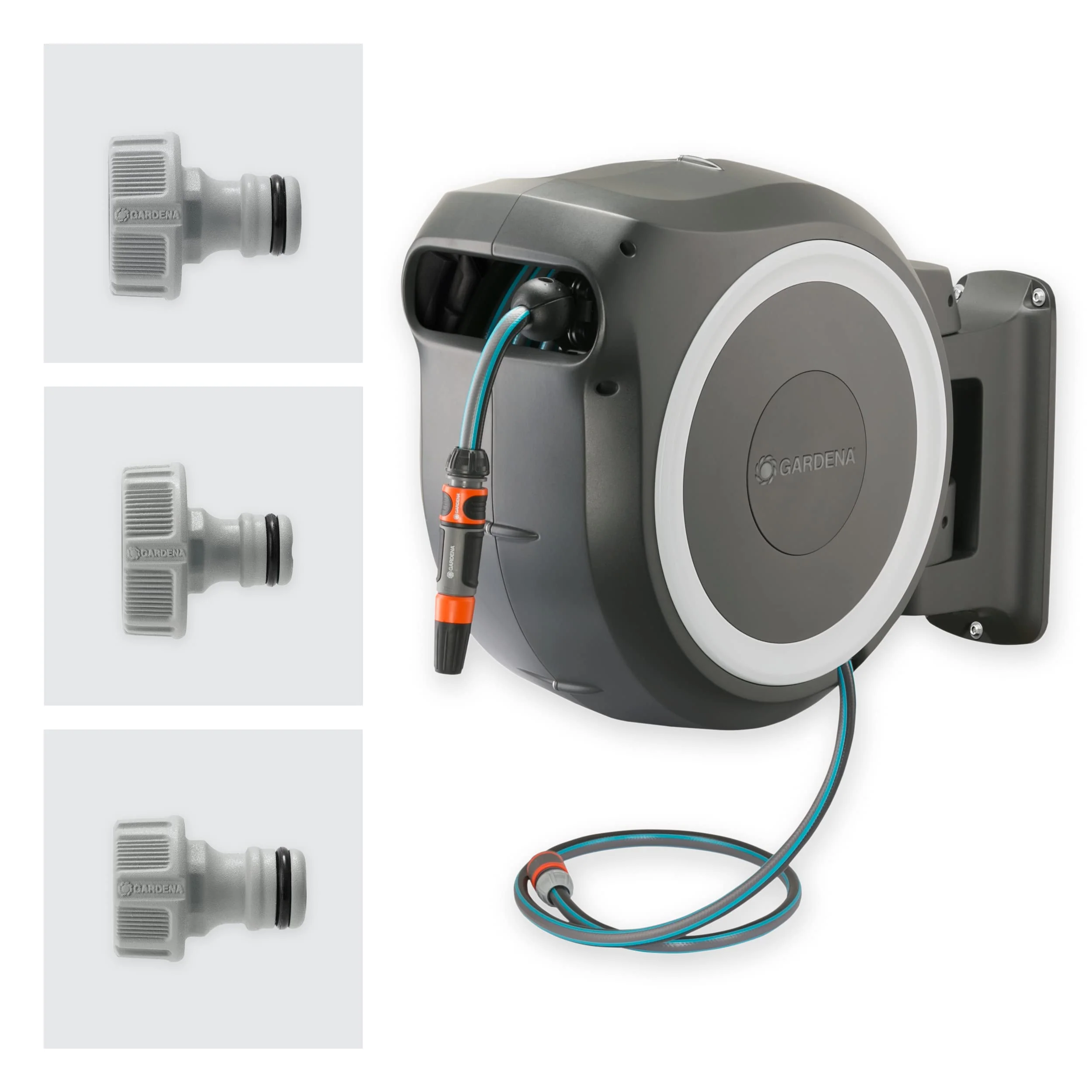 2025 Gardena RollUp M/L vægmonteret slangeopruller (hvid) 25 m: Fleksibel vanding til mellemstore og store haver. Roterende slangeopruller med 25 m slange og monteringstilbehør (18622-20)