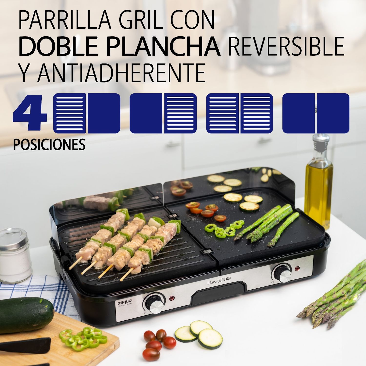 Barbecue Teppanyaki Easy BBQ. Deux zones de cuisson indépendantes combinant gril et plancha, deux plaques réversibles en aluminium antiadhésives et deux thermostats jusqu