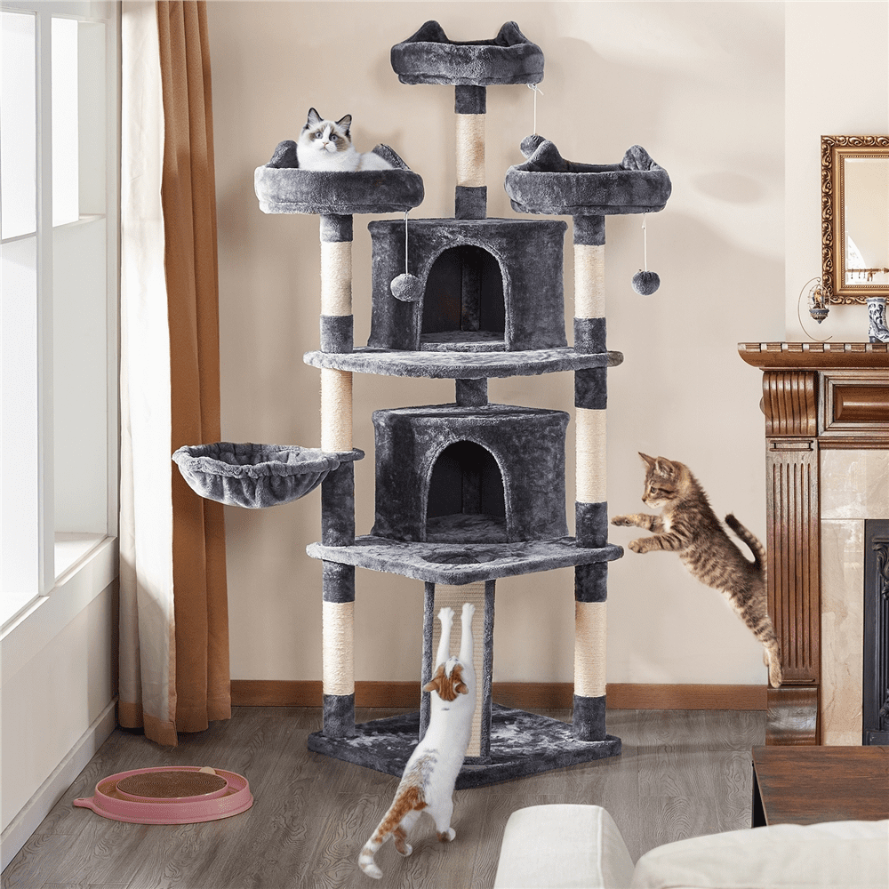 Arbre à chat Topeakmart grand format, 175 cm, avec 2 niches et des poteaux à griffer. Gris foncé