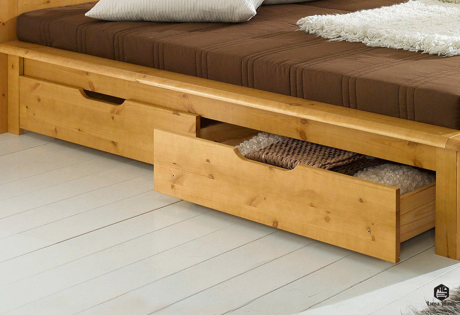 Ensemble de 2 tiroirs de lit Finja, en bois de pin naturel, longueur 93 cm