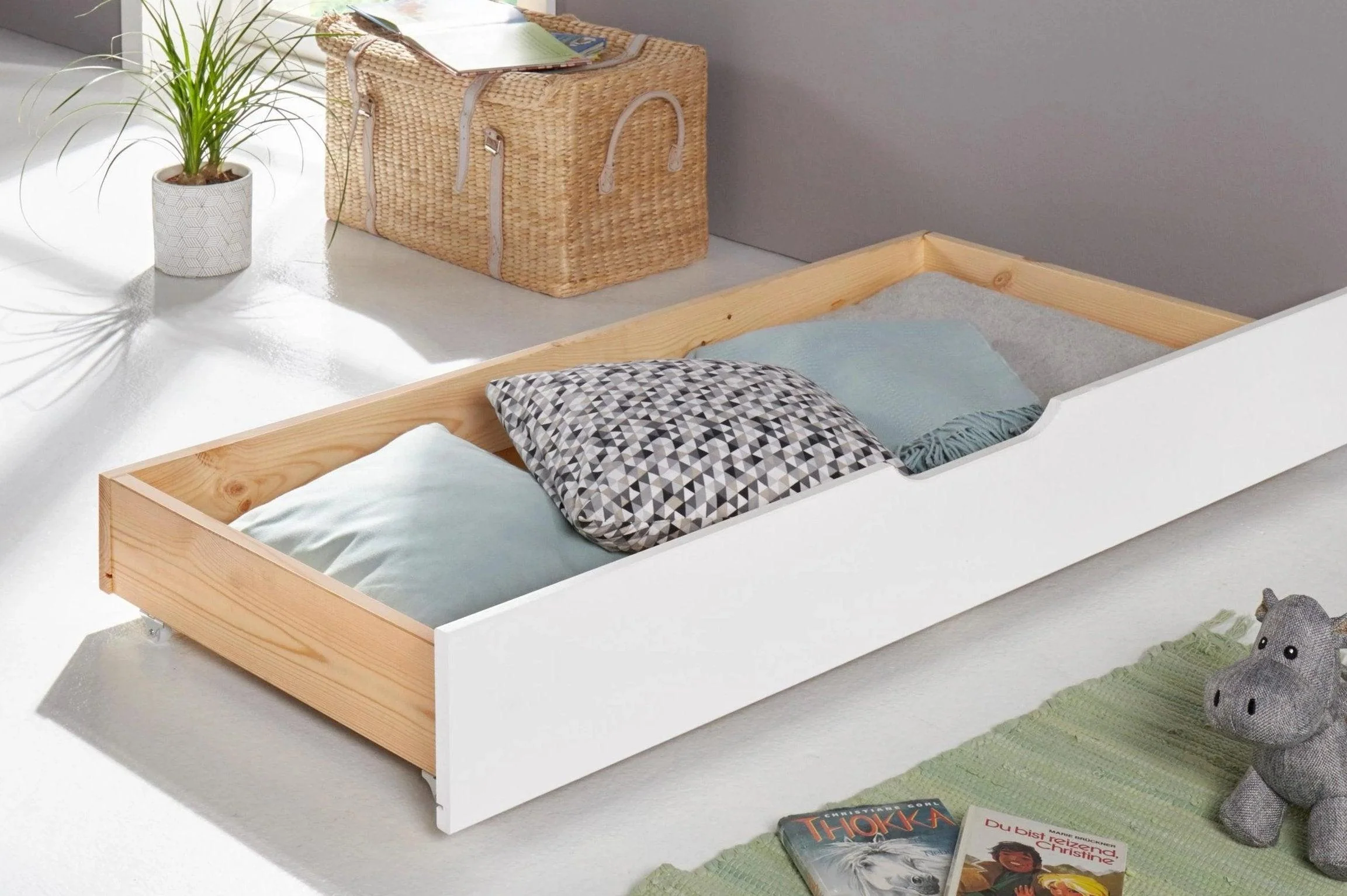 Tiroir de lit en bois de pin blanc Auz, 130 cm de long =