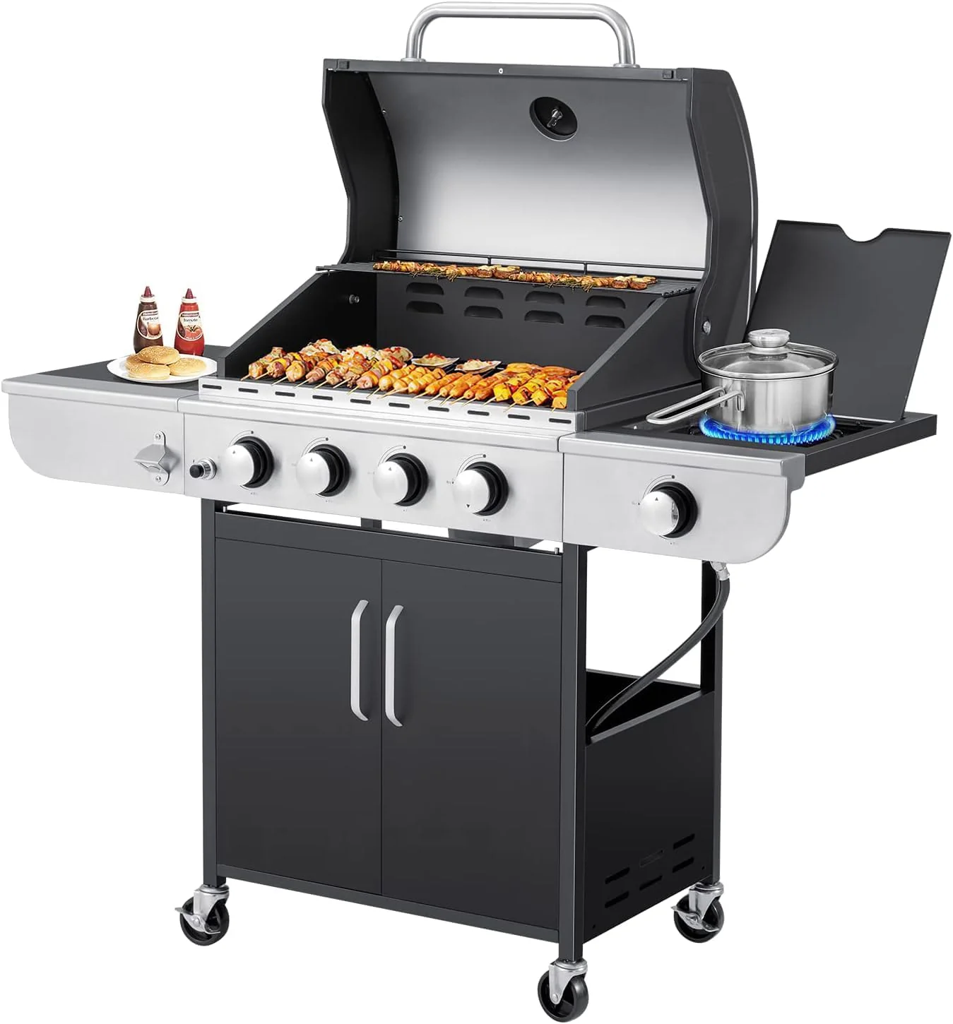 Upgraded 4 Burner BBQ Propane Gas Grill with Cast Iron Grates & Side Stove. 44.000 BTU Stainless Steel Burner Barbecue Grill for Patio. Camping. Outdoor Cooking MELLCOM