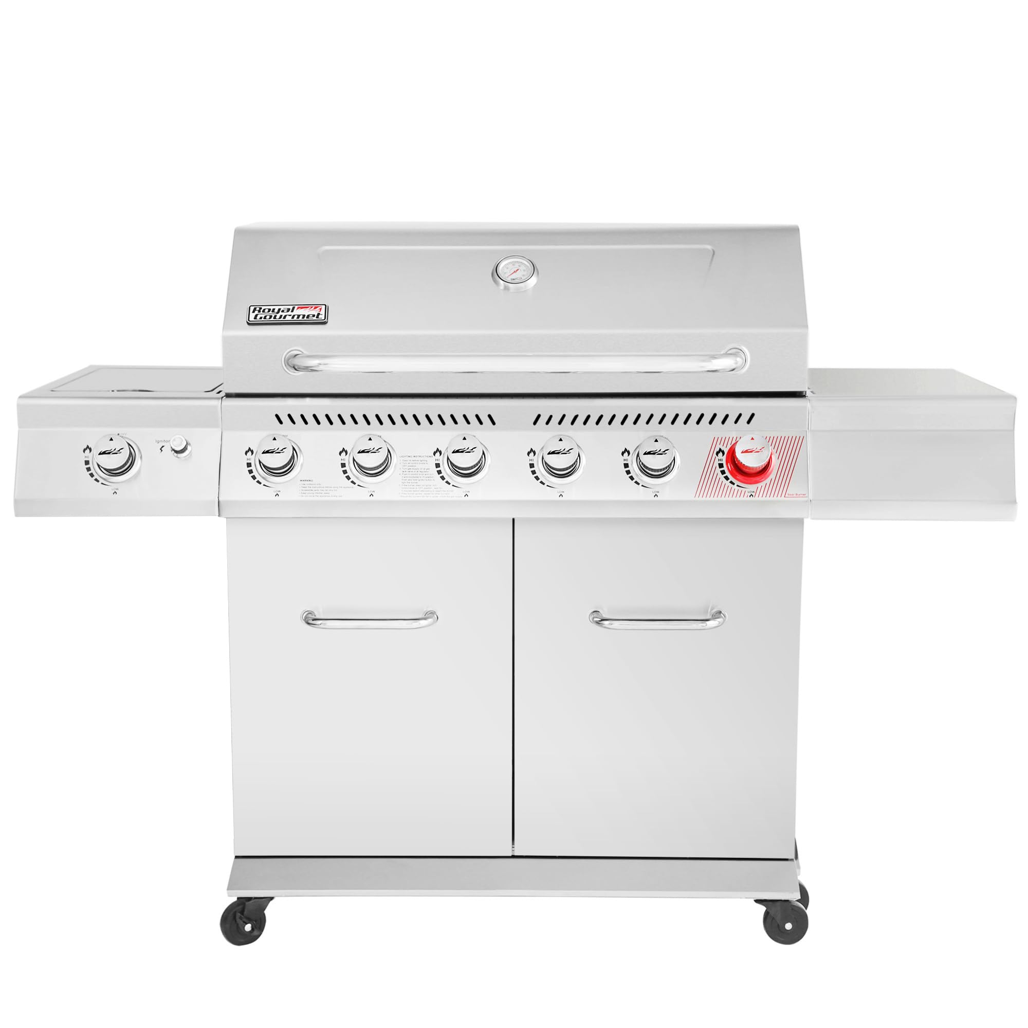 2025 Royal Gourmet GA6402S gasgrill i rustfrit stål. Premier propangrill med 6 brændere, searbrænder og sidebrænder. 74.000 BTU. Skabsstil. Udendørs grill. Sølv.
