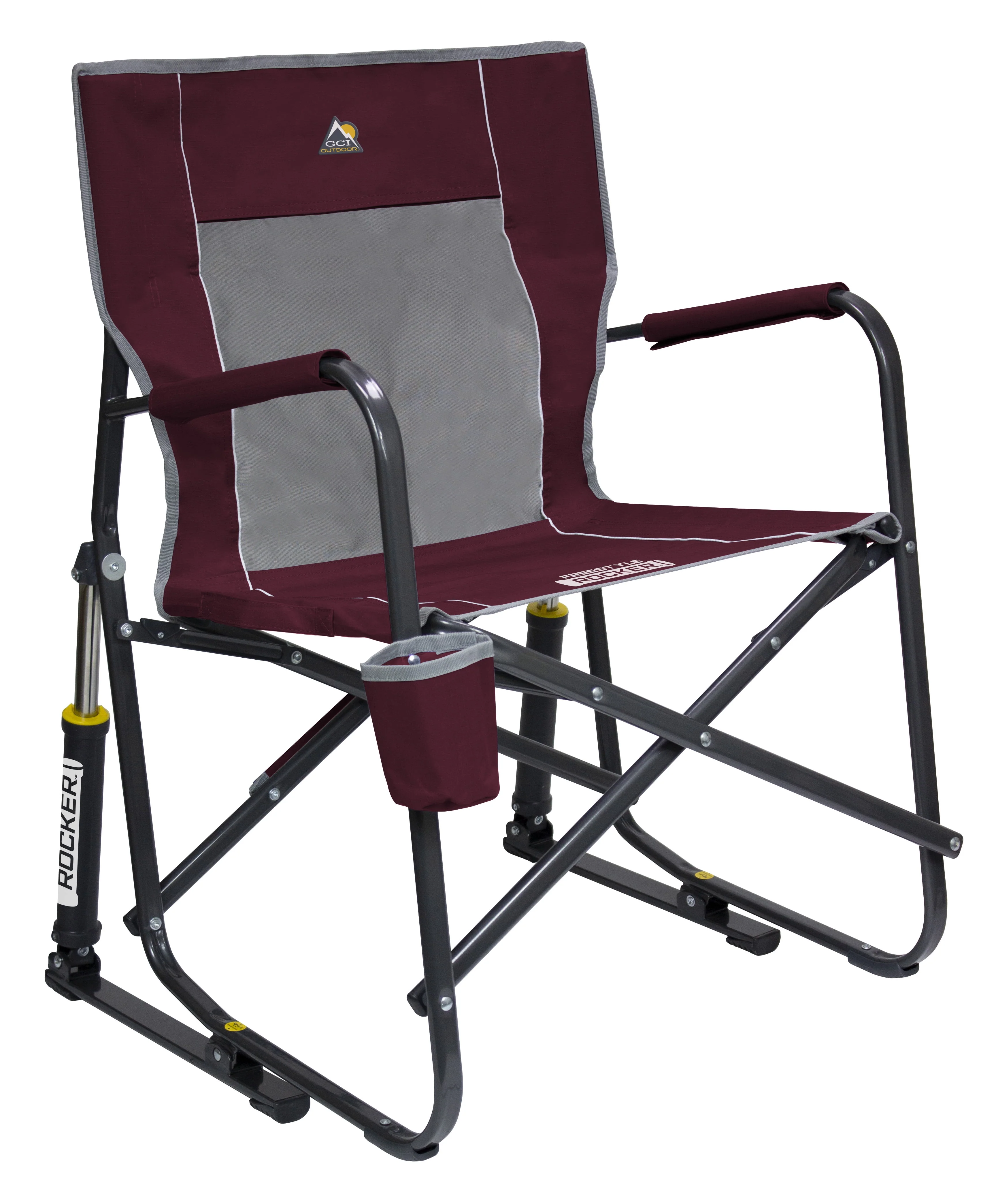 Chaise de camping pliante à bascule GCI Outdoor Freestyle 2025. Couleur bordeaux.