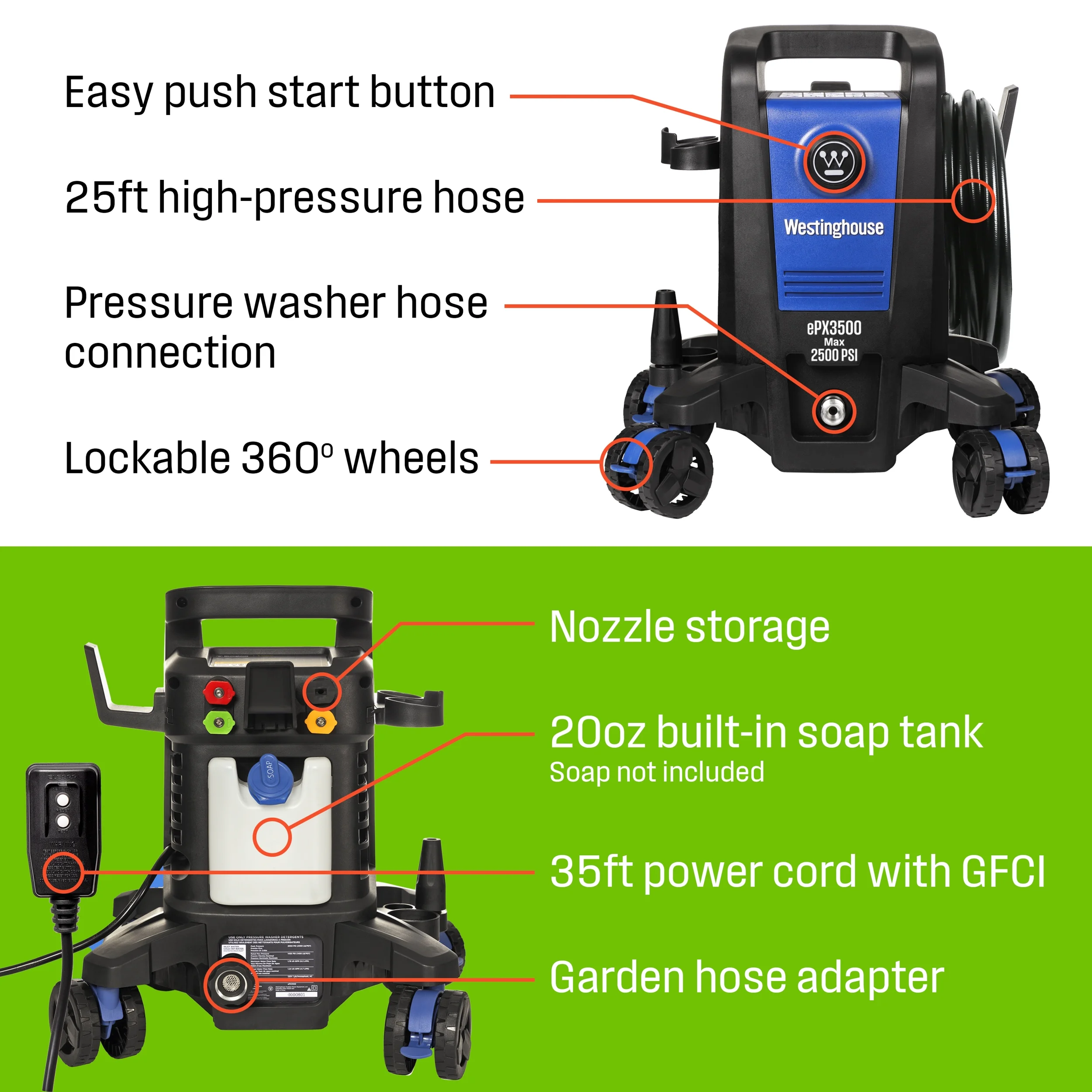 Westinghouse Electric Pressure Washer 2500 - PSI, 1.76 - GPM, Soap Tank, 5 Nozzles