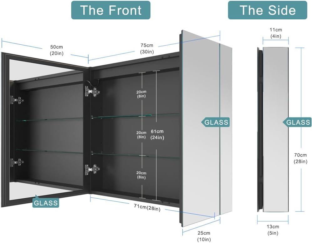 GANPE LED-beleuchteter Badezimmerspiegelschrank mit Stecker und USB-Anschluss, beschlagfreiem Aluminiumgehäuse und Farbanpassung, rostfrei und einfach zu installieren (50 x 70 cm)