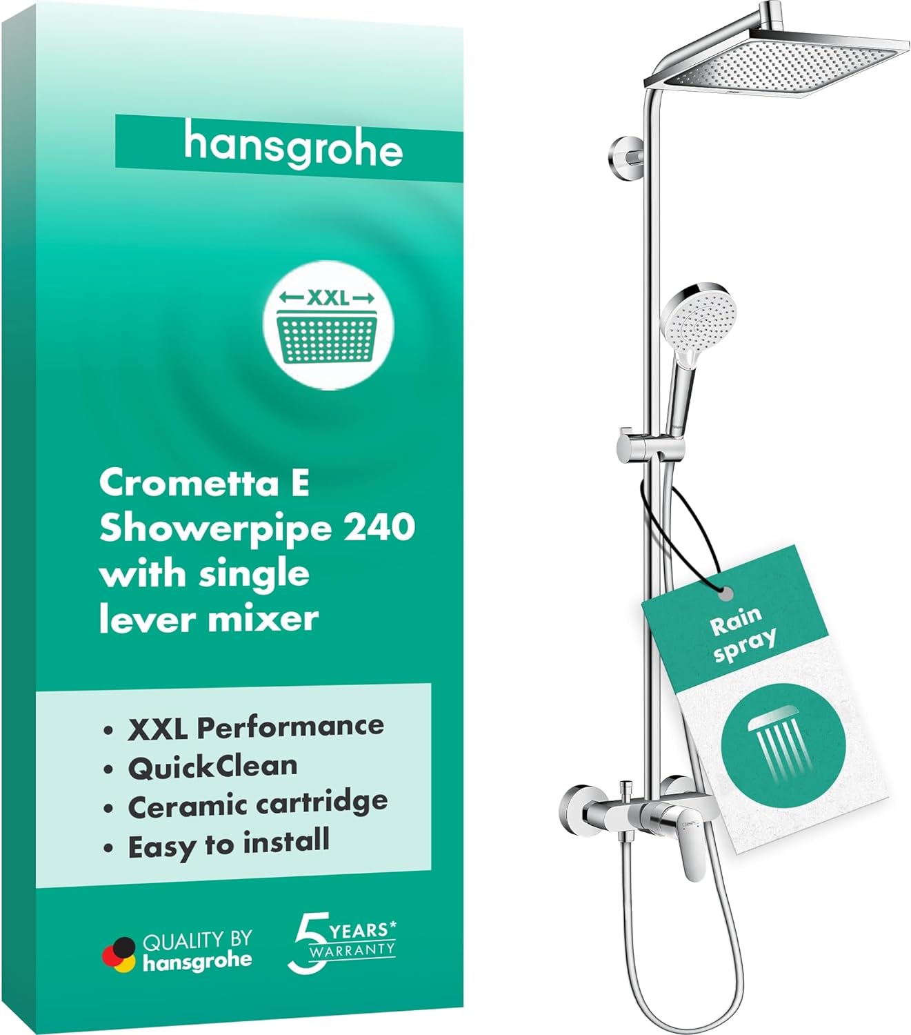 hansgrohe Crometta E - wassersparendes Duschsystem (EcoSmart) mit Thermostat, Regendusche (240 x 240 mm), Handbrause (2 Strahlarten), flexiblem Schlauch, Brausestange und rechteckigem, feststehendem Brausekopf, Chrom, 27281000