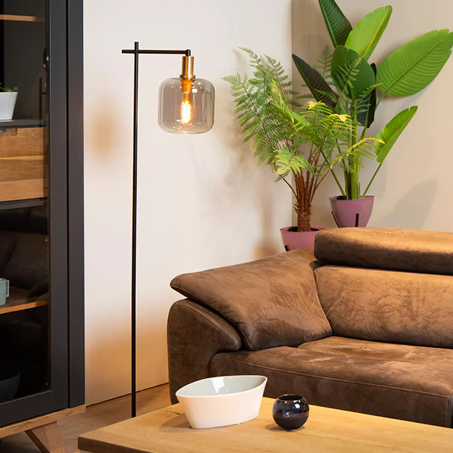 2025 Gulvlampe i stål og sort røget glas. Lang fod 31x150 cm E27 - LULP0068