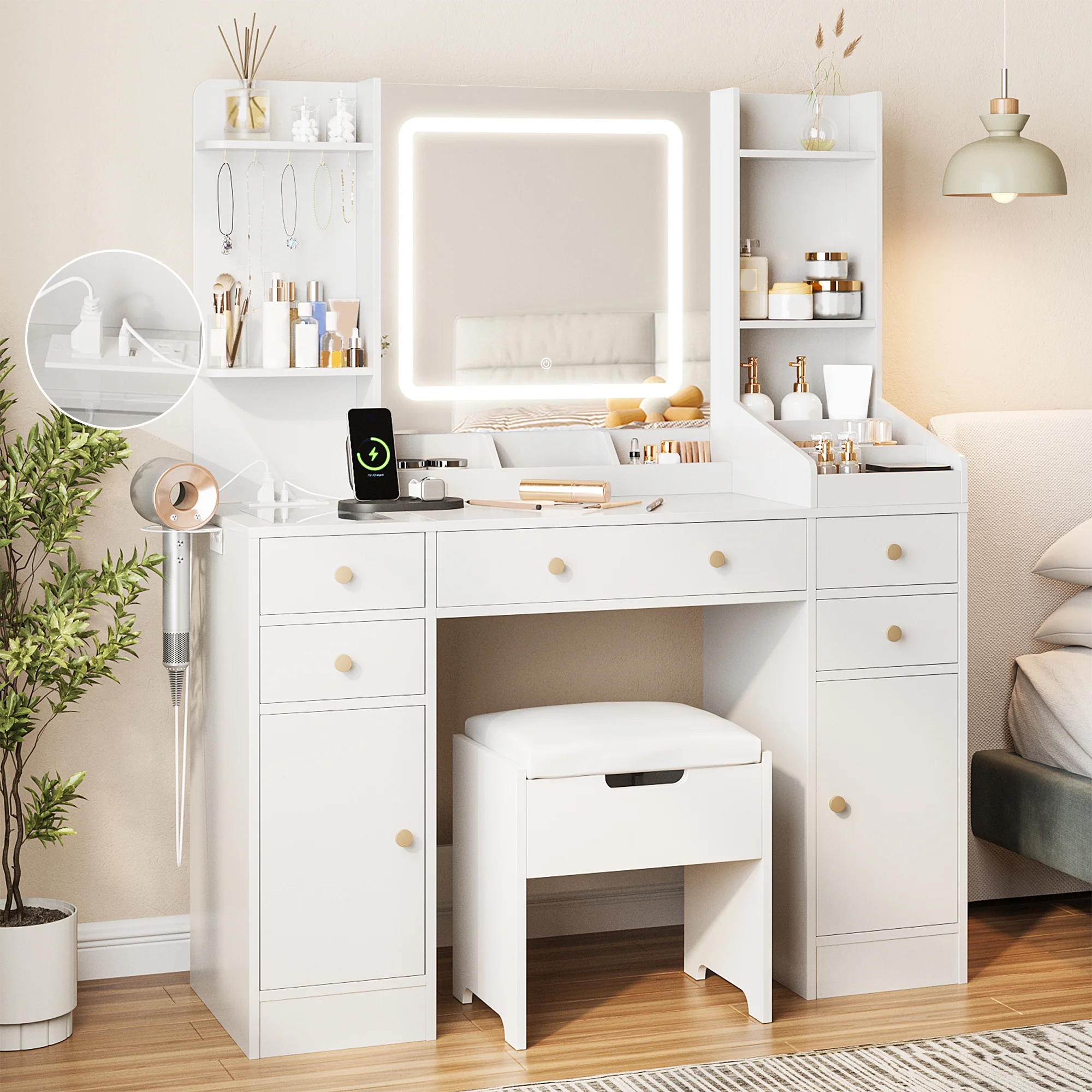 Vanity Set with Mirror and Lights, Makeup Table with Charging Station, 5 Drawers & Storage Shelves, White
