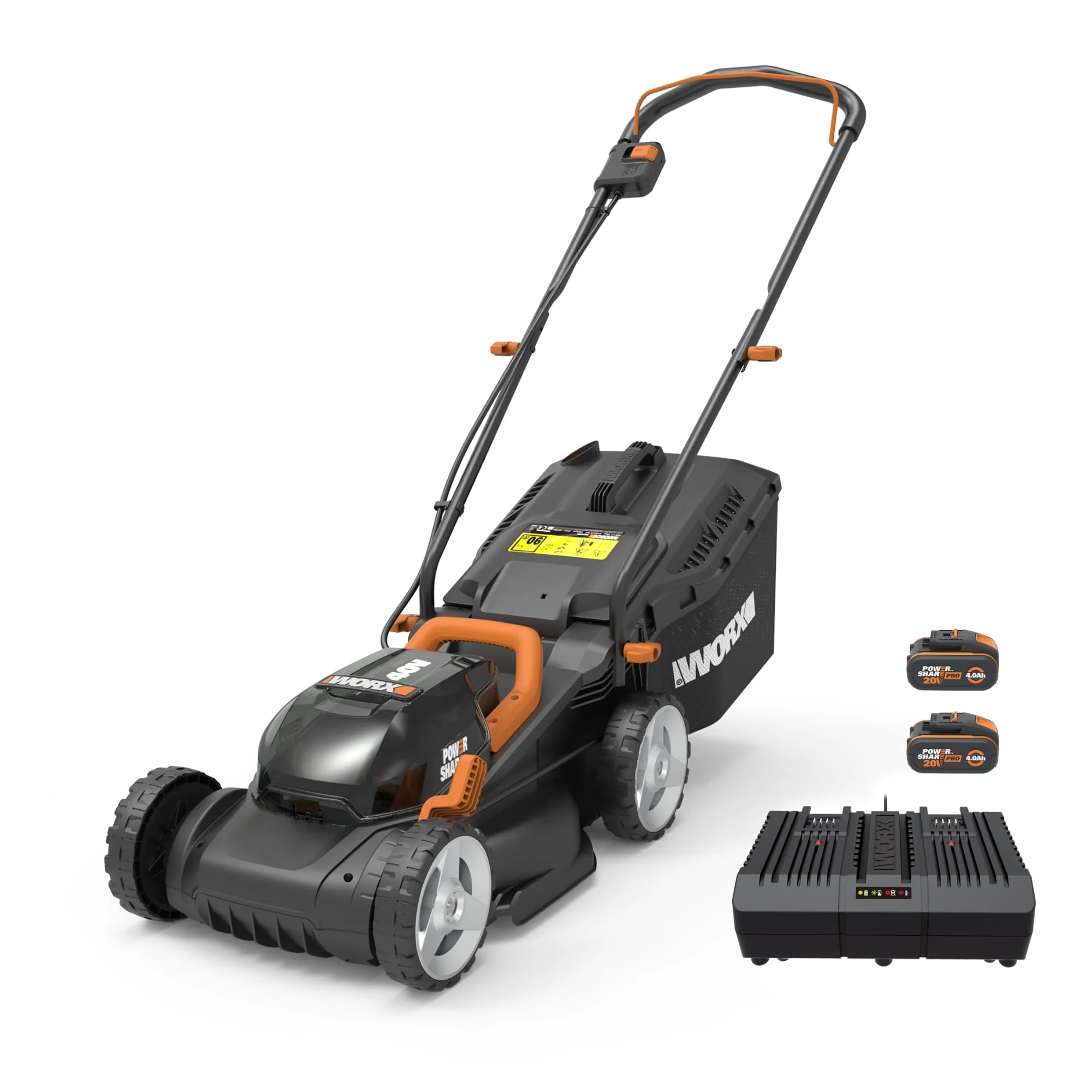 2025 WORX WG779E.1 Akku-plæneklipper 40V (2 x 20V) – Klippebredde 34 cm – Ideel til græsplæner op til 460 m² – IntelliCut-teknologi – Nem opbevaring – Inkluderer 2 x 4 Ah batterier og dobbelt hurtigoplader