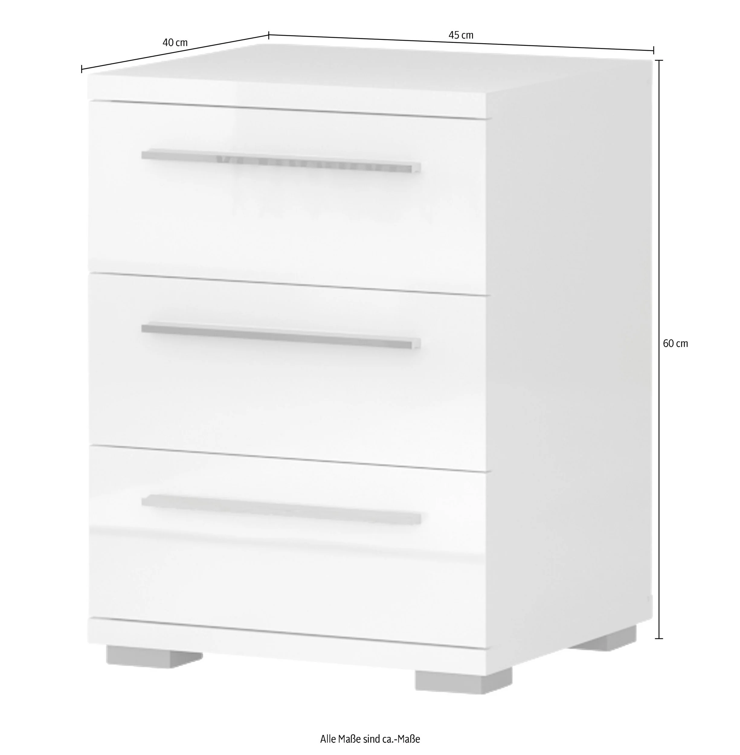 Table de chevet blanche brillante avec 3 tiroirs à fermeture amortie, largeur 45 cm