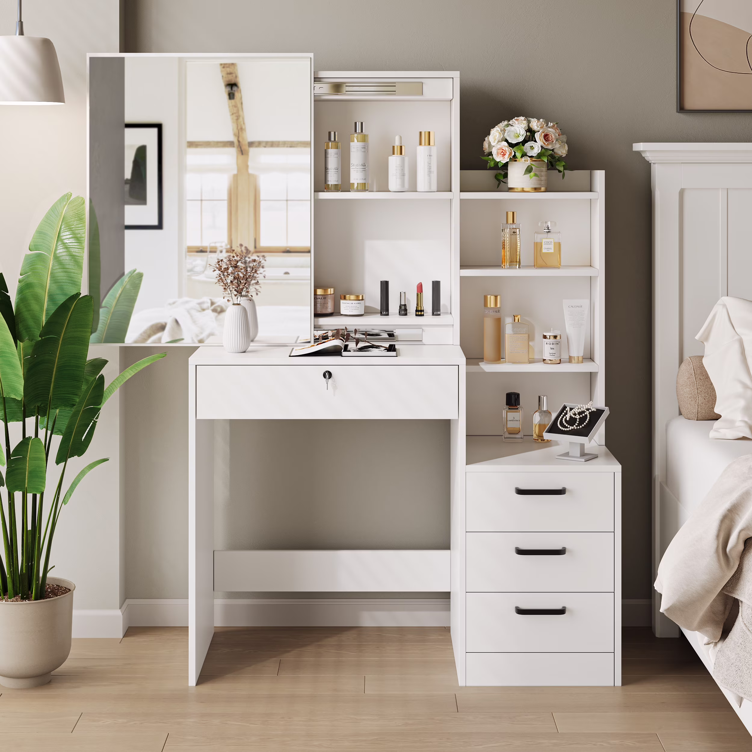 SUGIFT Vanity Table Stylish Aesthetic Durable with Sliding Mirror White
