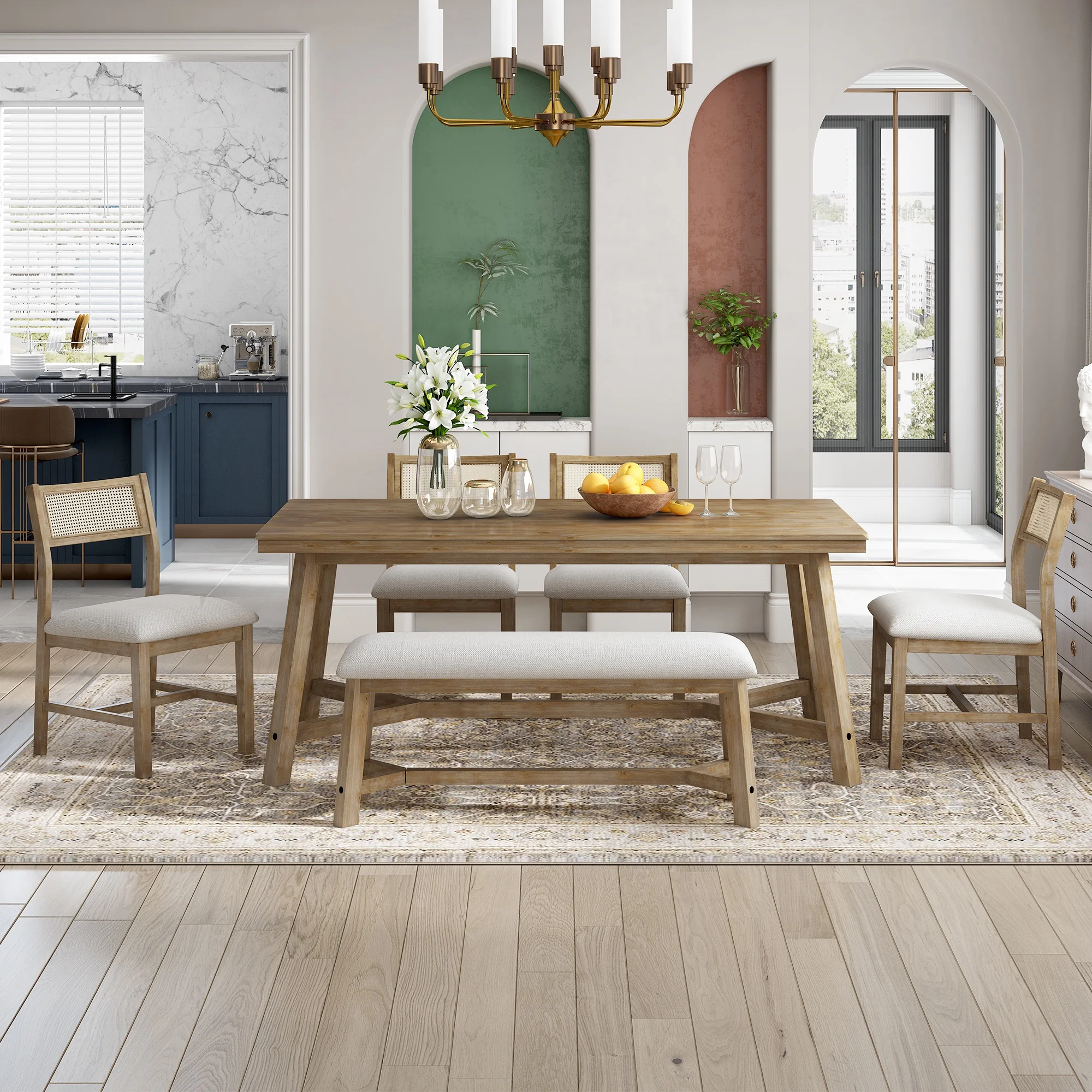 PORKISS 6 - Piece Dining Room Set, Farmhouse Dining Table Set with Bench and 4 Upholstered Chairs, Natural