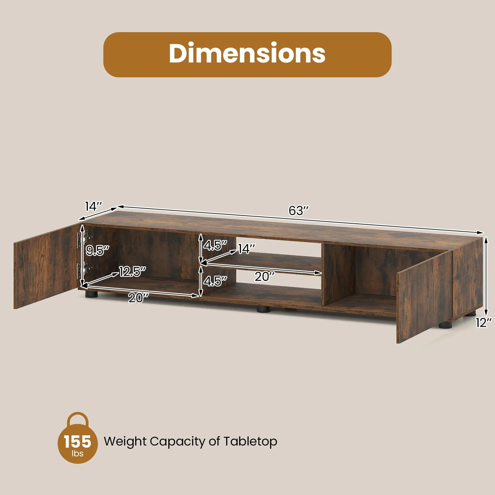 Tangkula Modern TV Stand 63”L Minimalist Entertainment Center w/ 2 Doors & Open Shelves