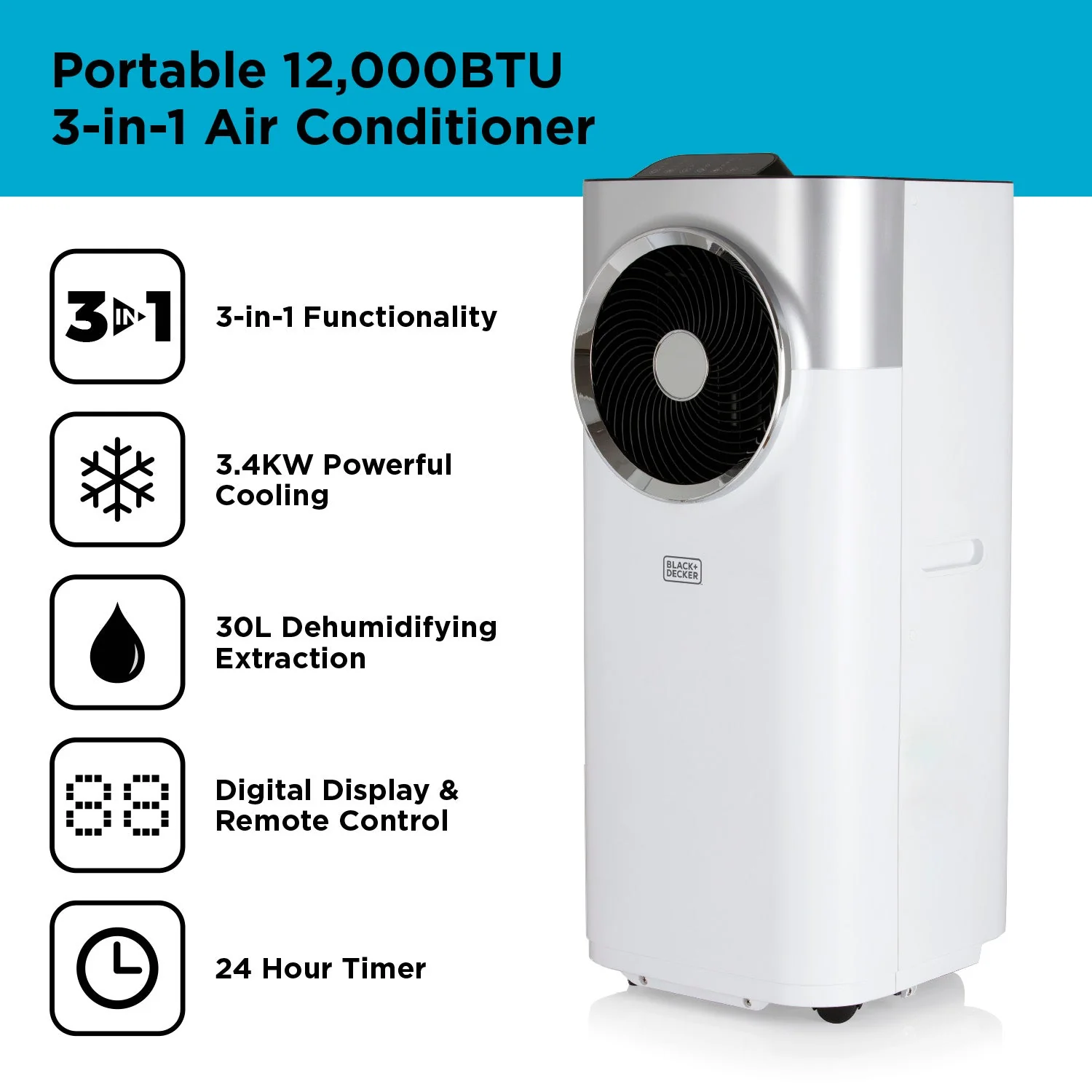 Black+Decker BXAC40008GB 3-i-1 bærbar klimaanlæg 12000 BTU hvid