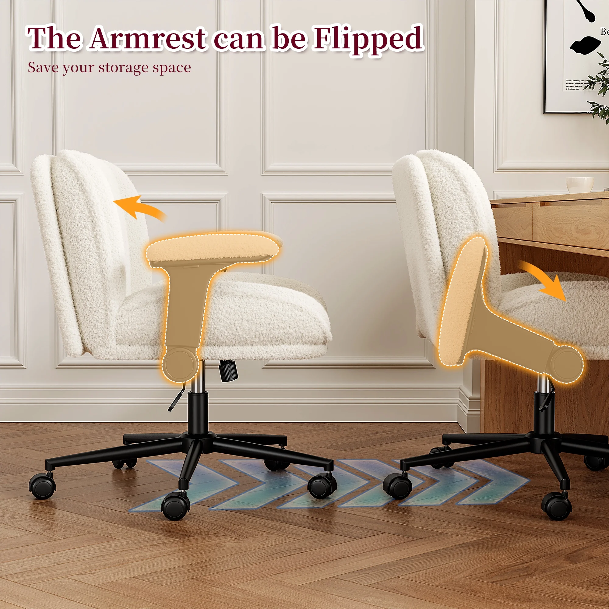 Romorgniz Criss Cross Chair with Adjustable Arms & Lumbar Support Office Chair with Reclining Back, Thick Cushion & Wheels for Office, Gaming, Reading, Vanity, Off - White