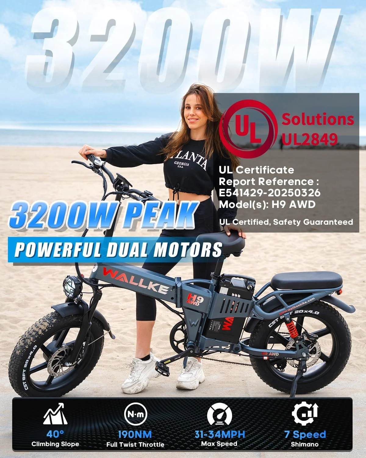 Wallke H9 AWD 3200W Dual Motor Electric Bike for Adult, 82ah 48V Dual Battery Long Range E - Bicycle, 31 - 34MPH Fast Ebike, 20" Fat Tire Offroad Full Suspension Folding, 3mm Aluminum Alloy Frame, UL2849