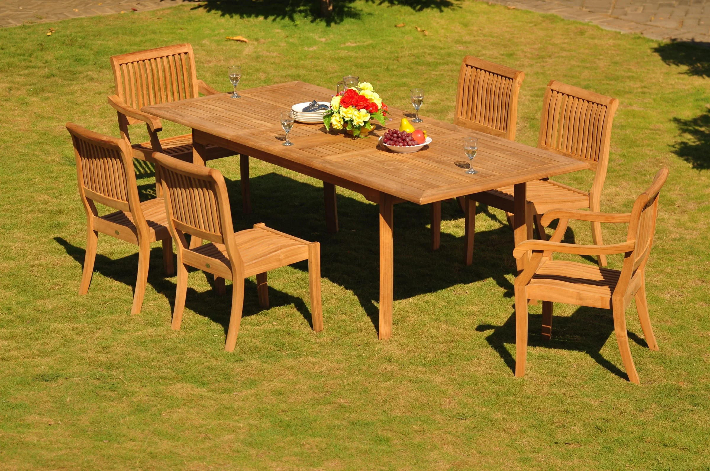 Teak Dining Set: 6 Seater 7 Pc: 94" Rectangle Table & 2 Stacking Arbor Arm & 4 Armless Chairs Outdoor Patio Grade - A Teak Wood Wholesaleteak #wmdsab15