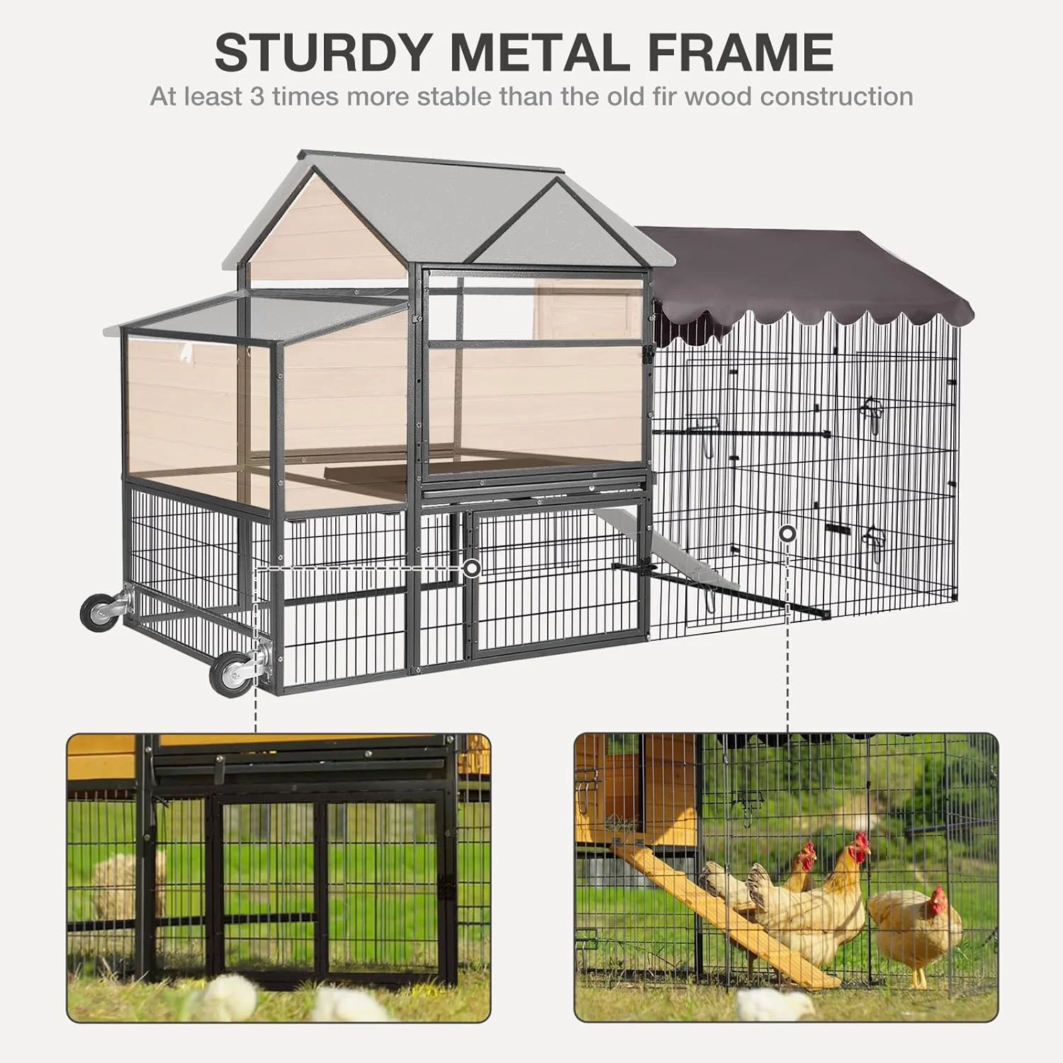 Ultimate Chicken Coop with Wheels - Spacious 85" Metal Frame Chicken House with Nesting Box and Leakproof Pull - on Tray - Chicken Tractor Portable & Waterproof, Perfect for Chickens!