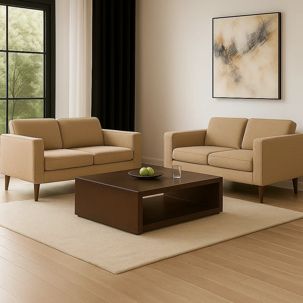 Ensemble canapé 4 places, similicuir marron clair, design modulable, structure fixe avec table d