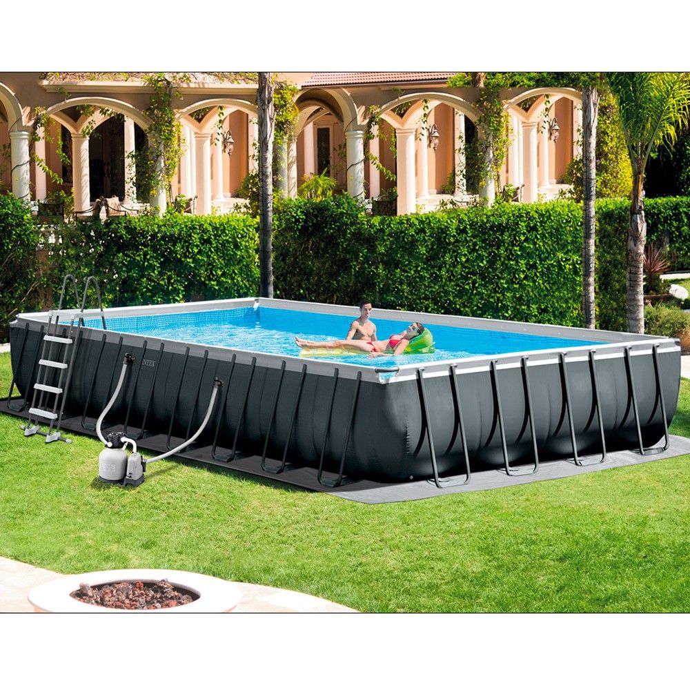 Intex rektangulær rørformet PVC overjordisk pool 975x488x132 cm mørkegrå med filterpumpe