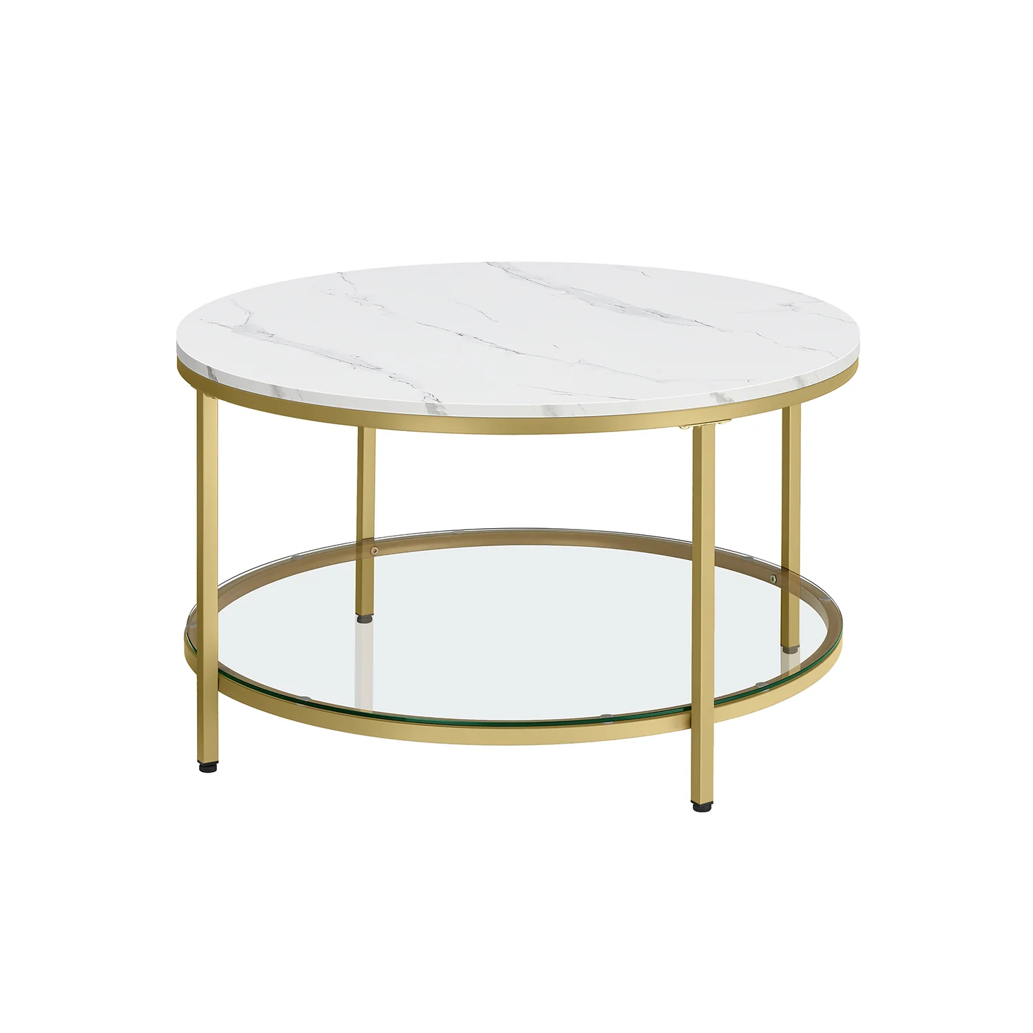 Table basse ronde en faux marbre avec étagère en verre