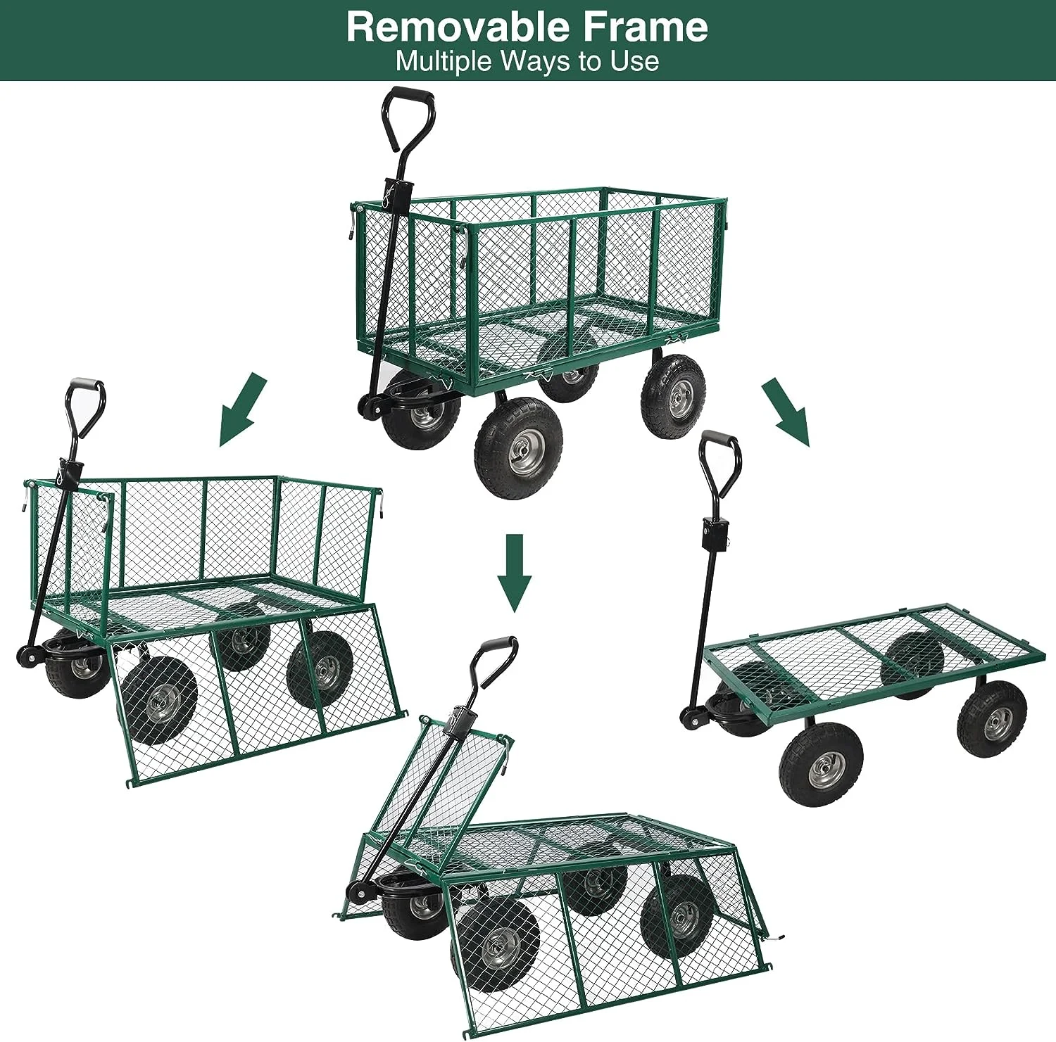 REDCAMP 900 lb Capacity Garden Cart Outdoor Utility Wagon Cart with Wheels Metal Heavy Duty Yard Wagon Flatbed W/ Pocket, Green
