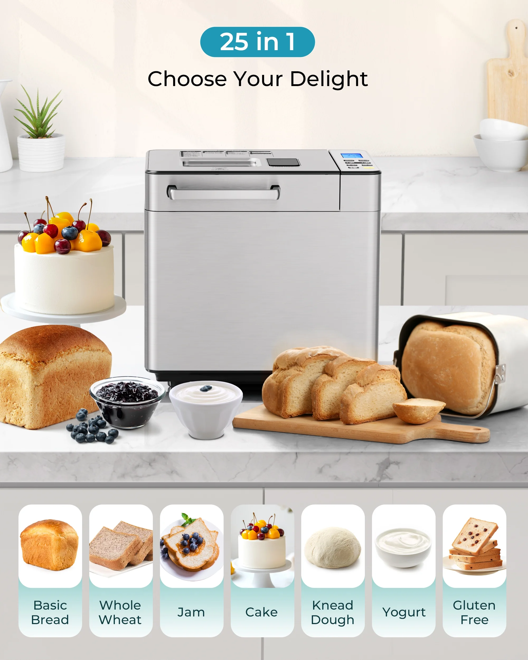 Simzlife 25 - in - 1 Bread Maker Machine, 2 lb Capacity for Dough & Bread with Automatic Fruit and Nut Dispenser, Stainless Steel Construction