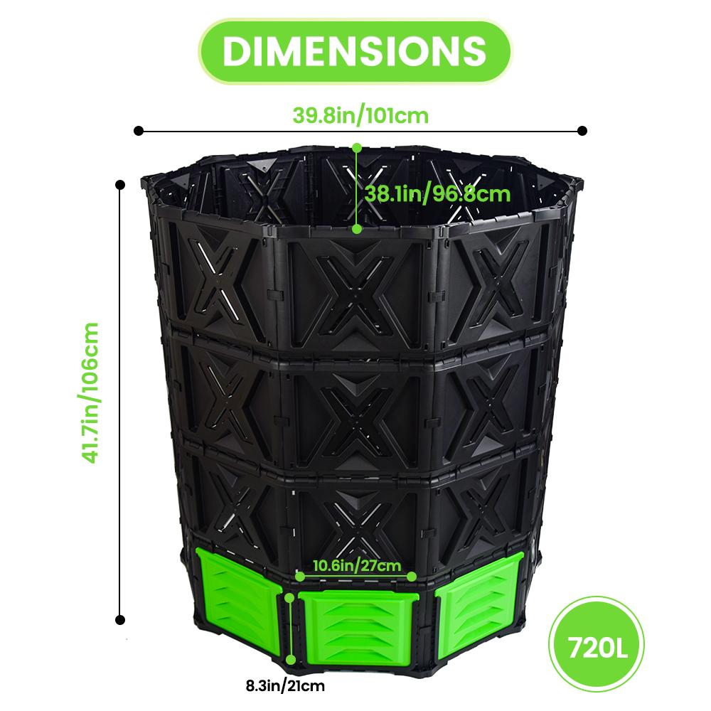 XXL Large Compost Bin Outdoor - 190G/143G - Easy Assembly - No Screws - BPA Free - Sturdy& Durable - Green Door