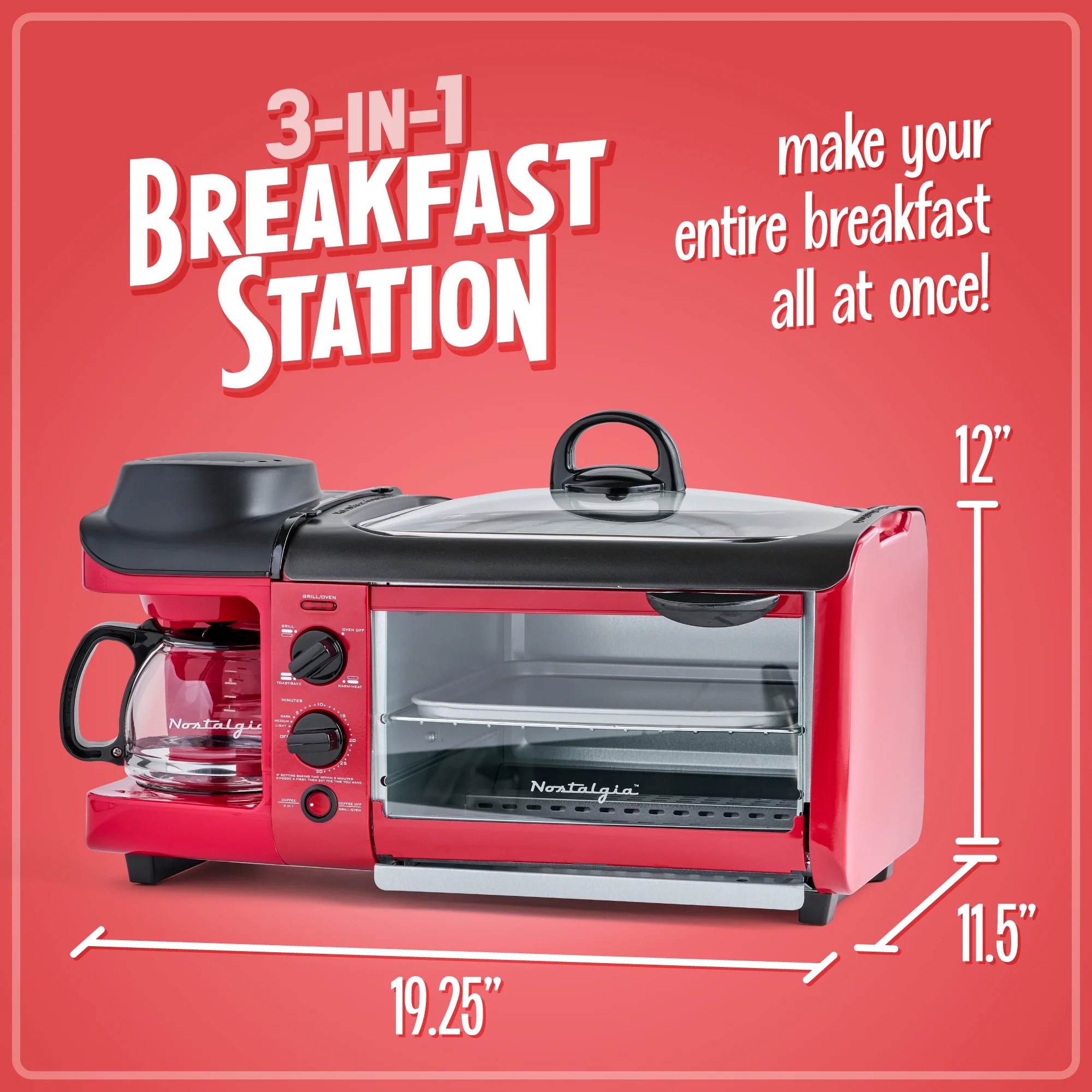 Nostalgia Bst3russian River Retro 3 - in - 1 Family Size Electric Breakfast Station, Coffeemaker, Griddle, Toaster Oven - Retro Red