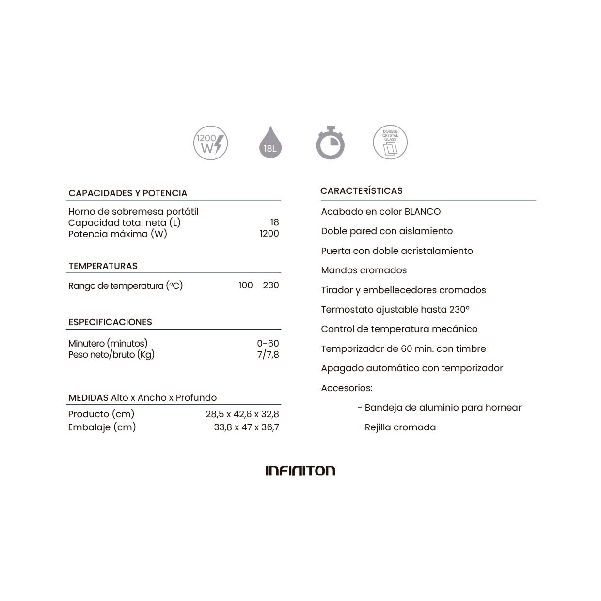 Infiniton HSM-a18b – Bordovn, hvid, 18l, 1200w, dobbeltglas, temperaturkontrol, 60 minutters timer.