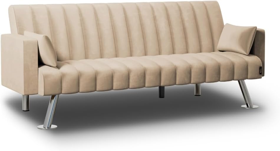 Nalui – Gepolstertes 3-Sitzer-Schlafsofa 210 x 80 x 79 cm, einlagig, 2 Kissen, Klick-Klack-Öffnungsmechanismus mit verstellbarer Rückenlehne. Samt-Chaiselongue-Schlafsofa, umwandelbar in ein Doppelbett | Beige