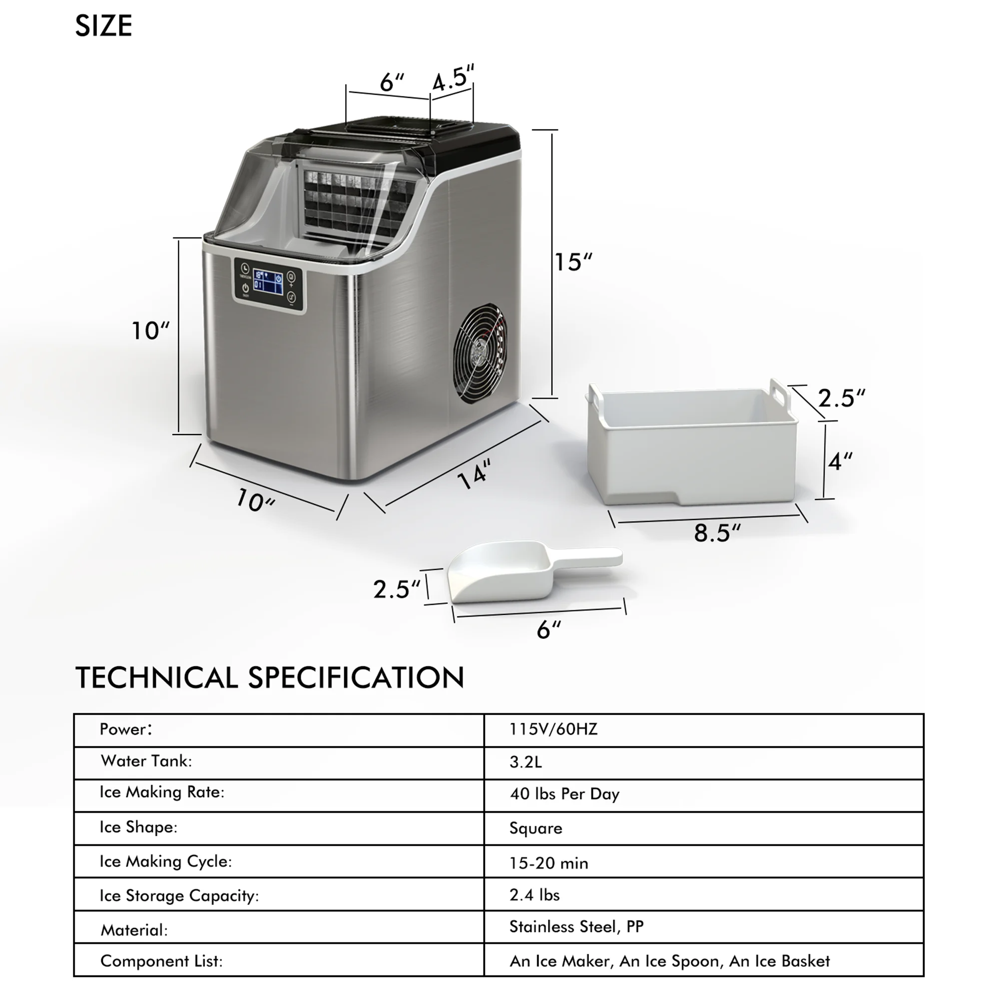 Portable Ice Maker 40 lb/24H Countertop Self - Cleaning with Ice Scoop and Basket