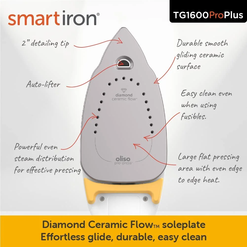 Oliso TG1600 Pro Plus 1800 Watt Smartiron with Auto Lift - for Clothes, Sewing, Quilting and Crafting Ironing | Diamond Ceramic - Flow Soleplate Steam Iron, Yellow