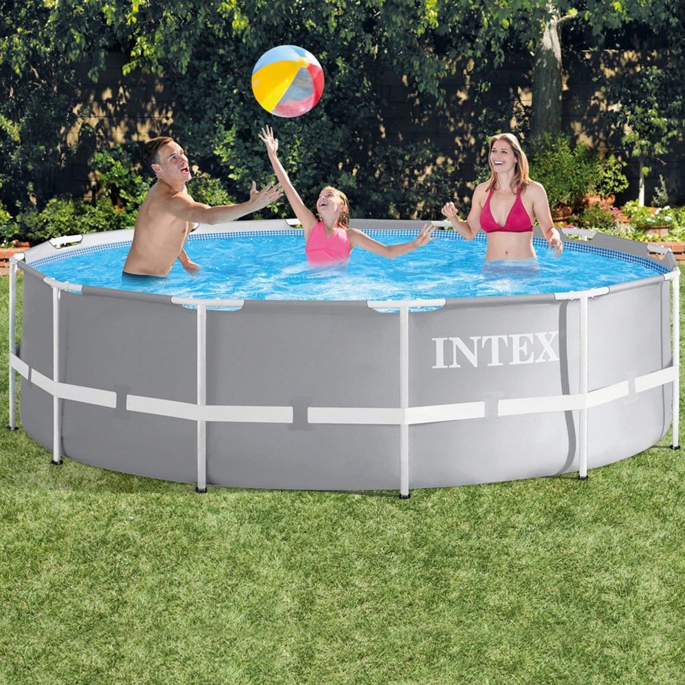 Intex 366x99cm rund rørformet PVC overjordisk pool, grå, med filterpumpe