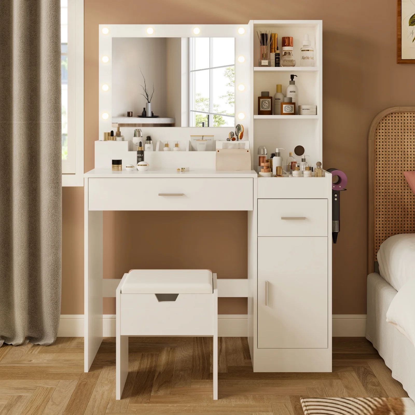 Vanity Table Set with Mirrors and Adjustable Lights, Makeup Vanity with Power Outlet for Bedroom Dressing Room, White