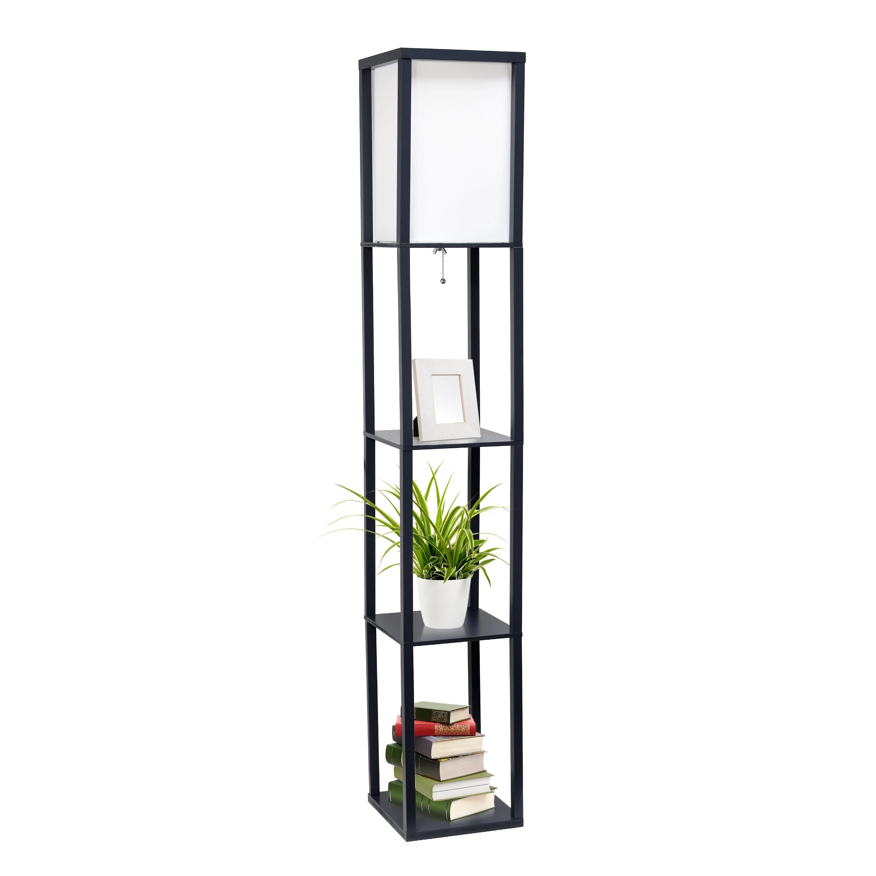 Simple Designs Floor Lamp Etagere Organizer Storage Shelf with Linen Shade, Black
