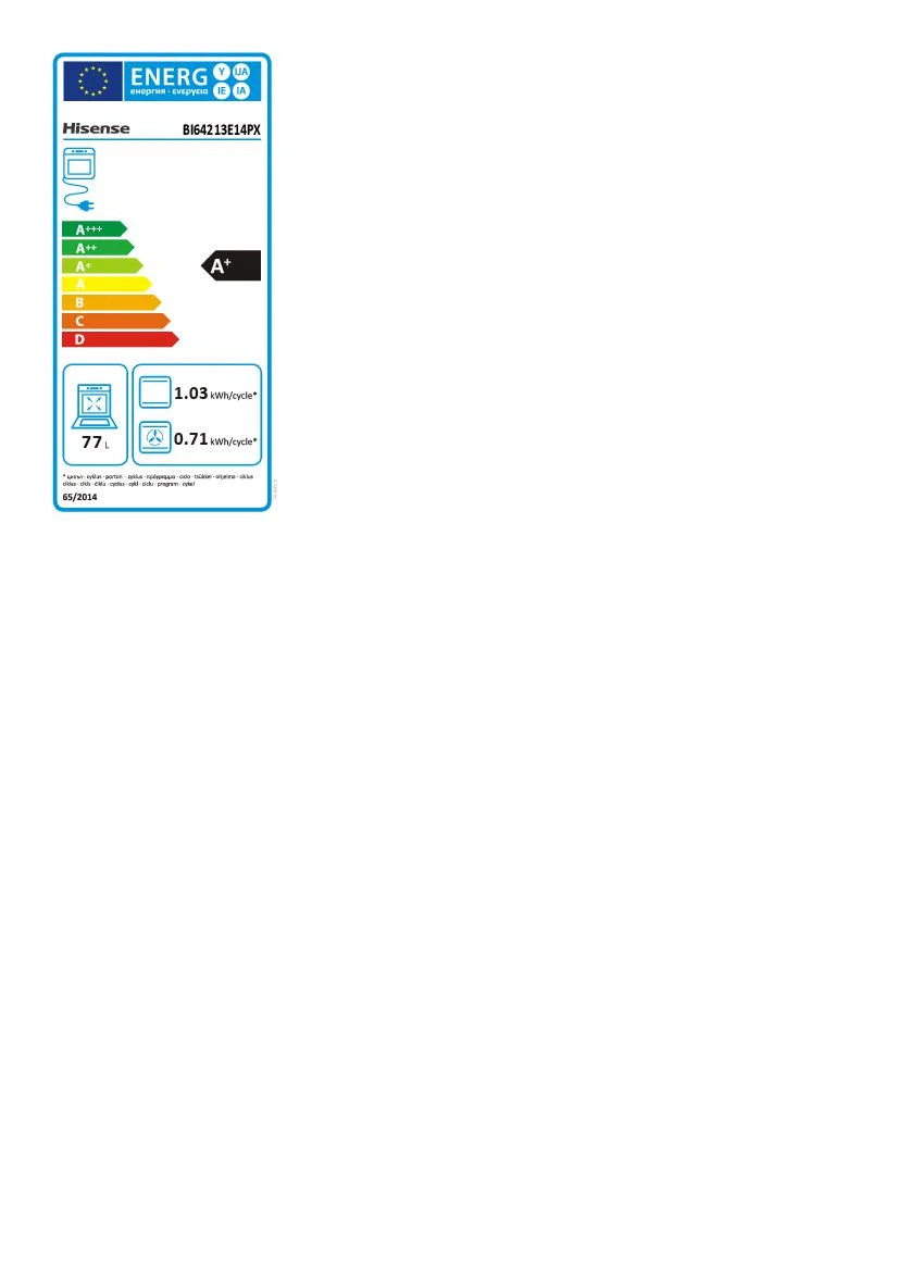 Hisense BI64213E14PX Multifunktionsovn, 3,5 kW, 77 L, Dør med låge, 4 madlavningsfunktioner, A+ energieffektivitet - Rustfrit stål